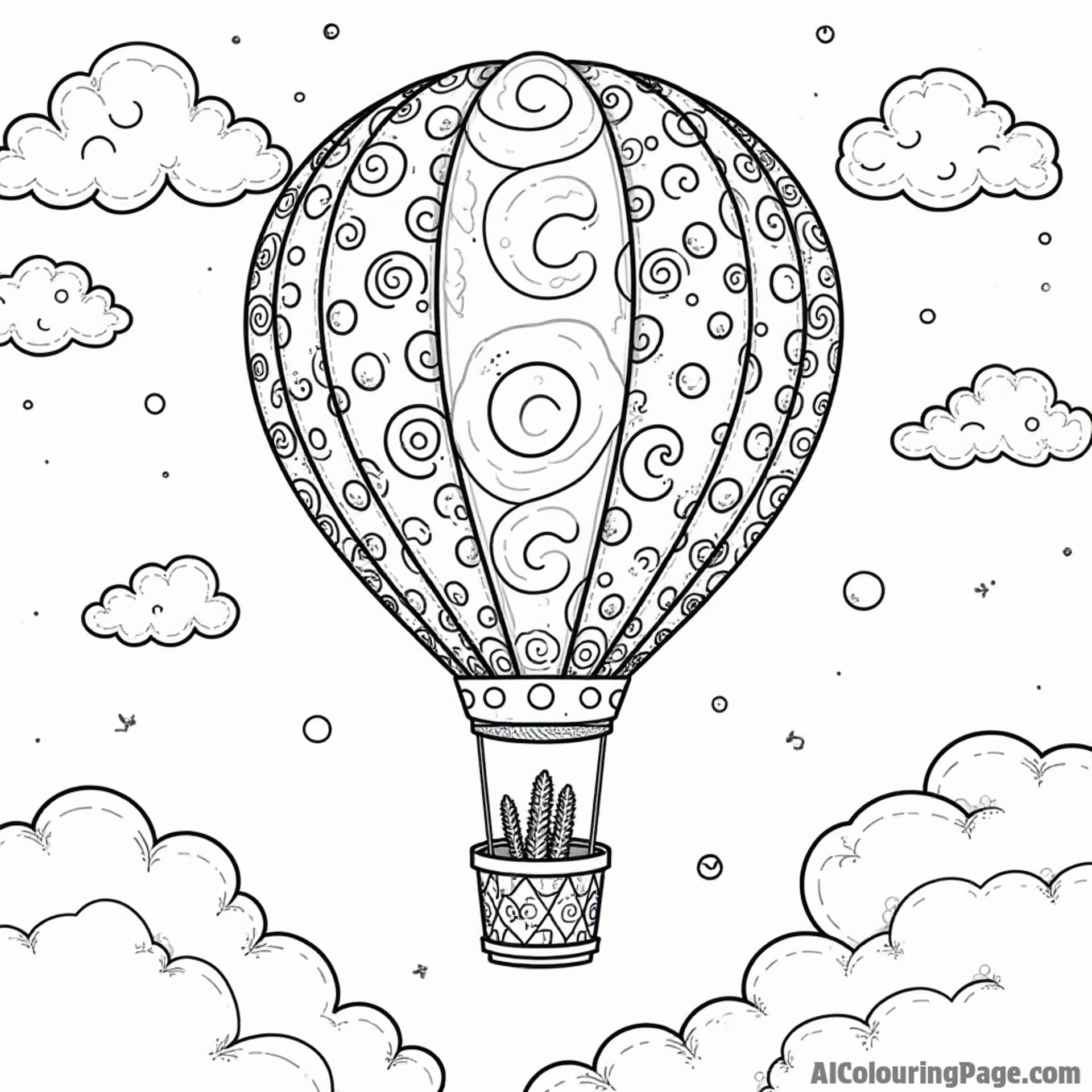 A whimsical hot air balloon made of various candies floating in a sky filled with fluffy clouds for imaginative coloring fun.