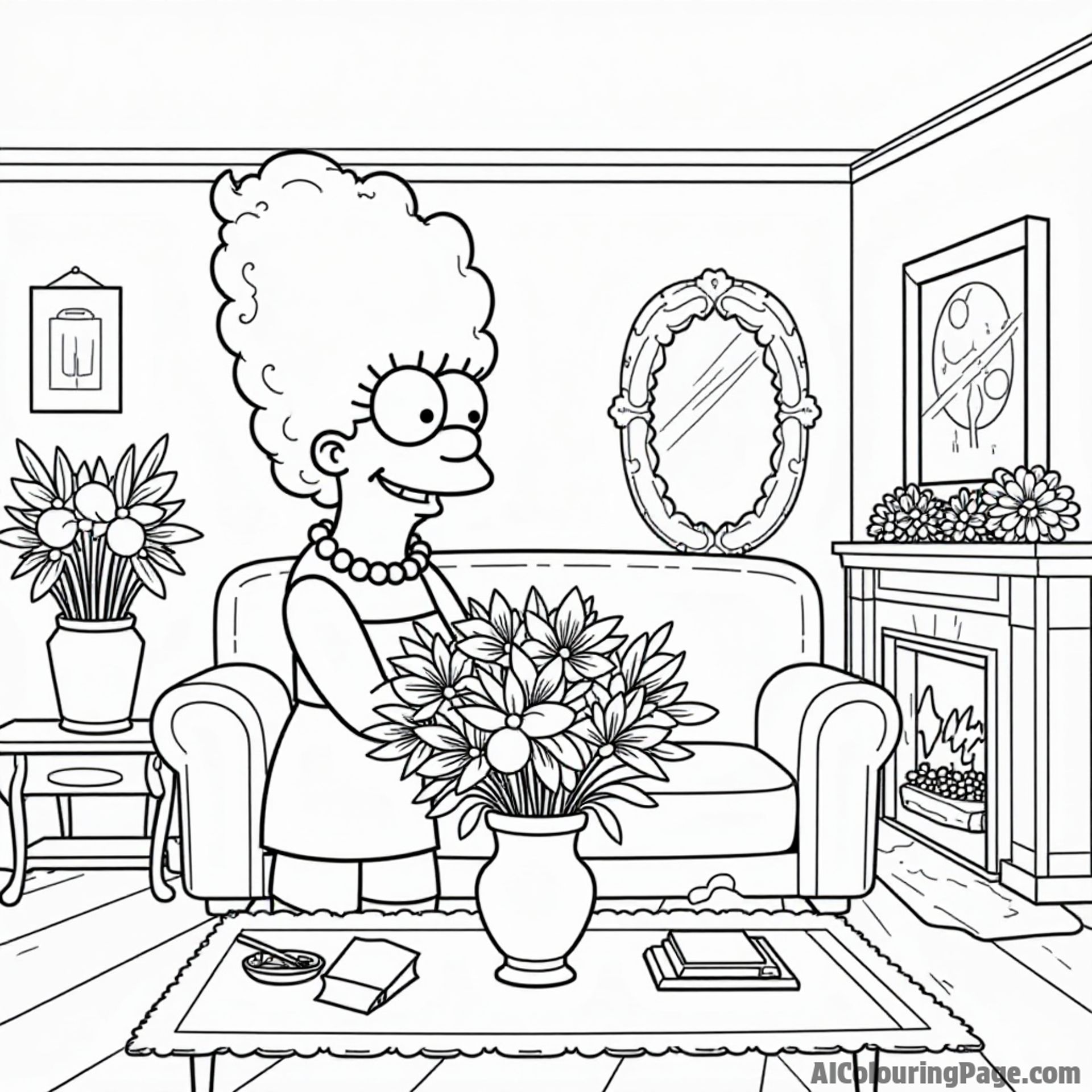 Marge Simpson creating a beautiful flower arrangement in her living room with an array of colorful flowers and vases.