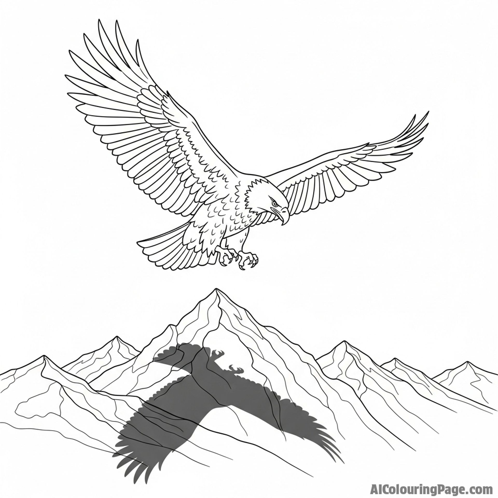 A majestic eagle soaring high above mountain peaks, casting a sharp shadow
