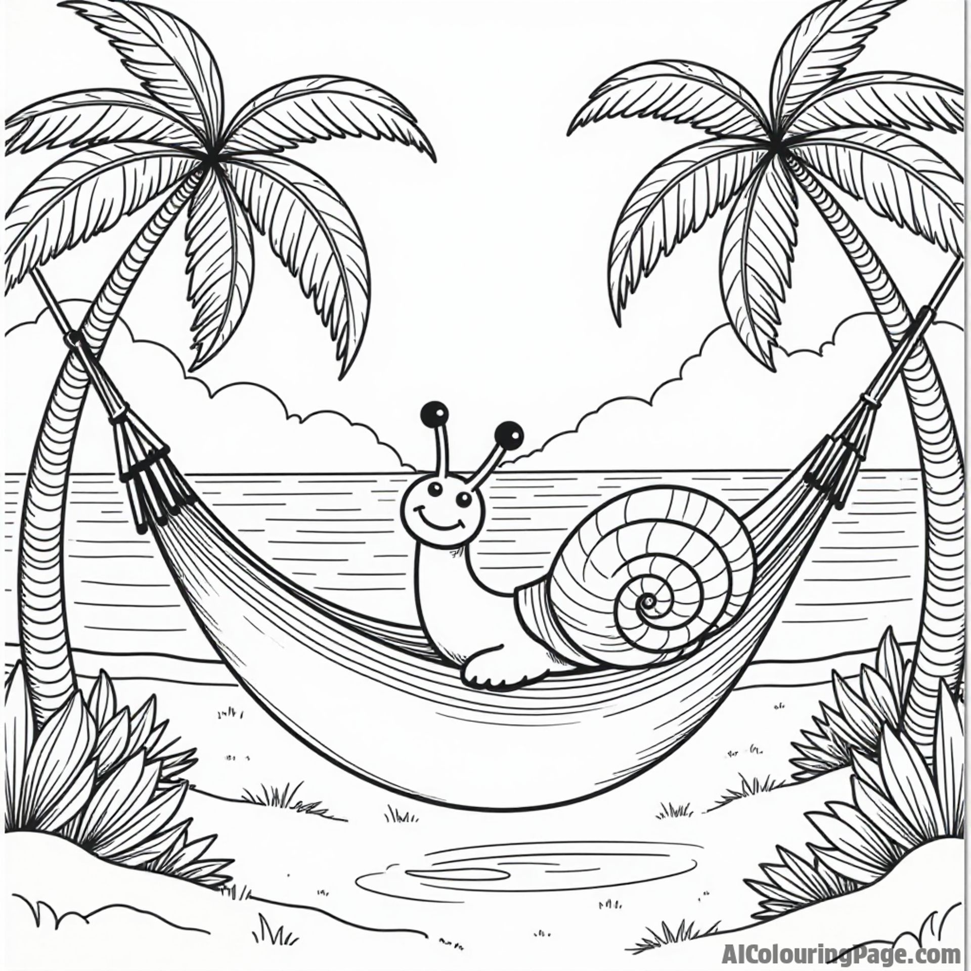 A snail relaxing in a hammock, with palm trees and a beach scene in the background for young artists to enjoy.