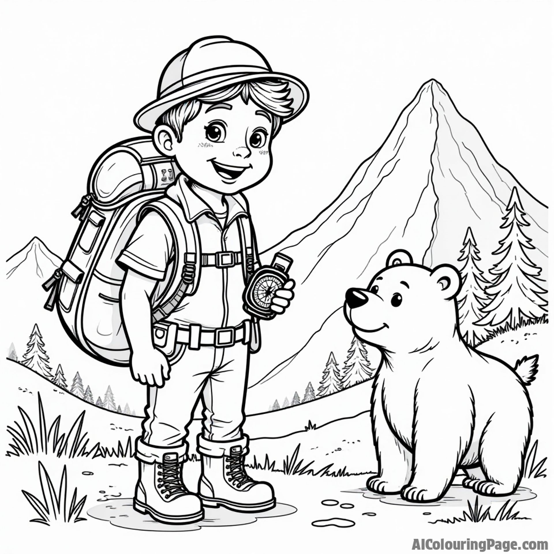 An explorer with a backpack holding a compass, standing next to a friendly bear and a tall mountain in the background, capturing the spirit of adventure in a coloring page.