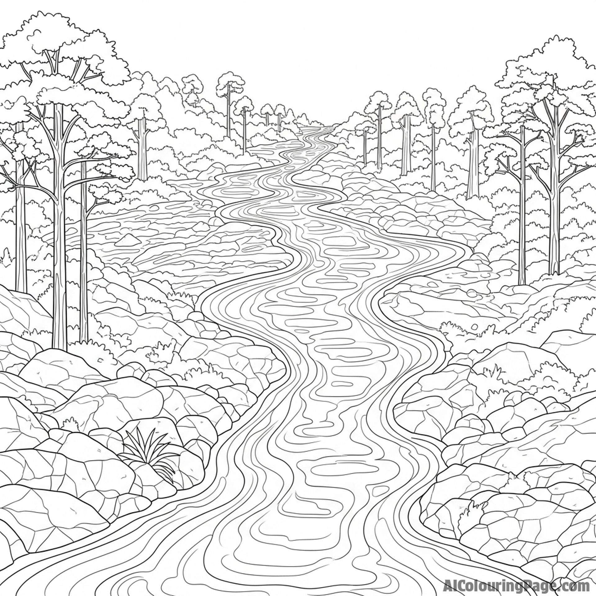 Lava flow carving a path through a forest.