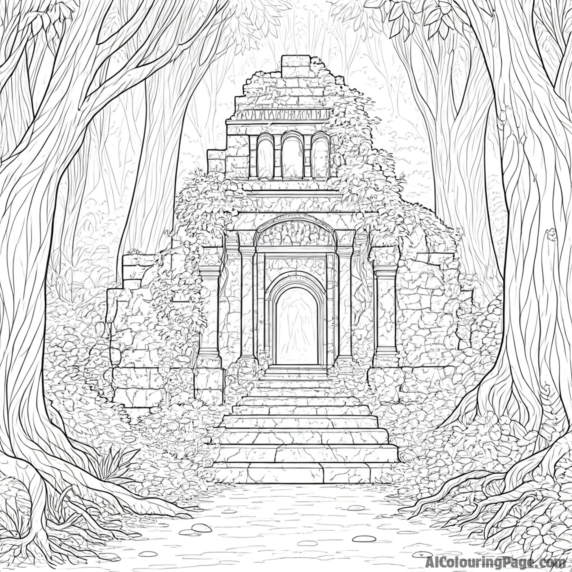 Enchanted forest, ancient ruins, overgrown with vines, forgotten civilizations.