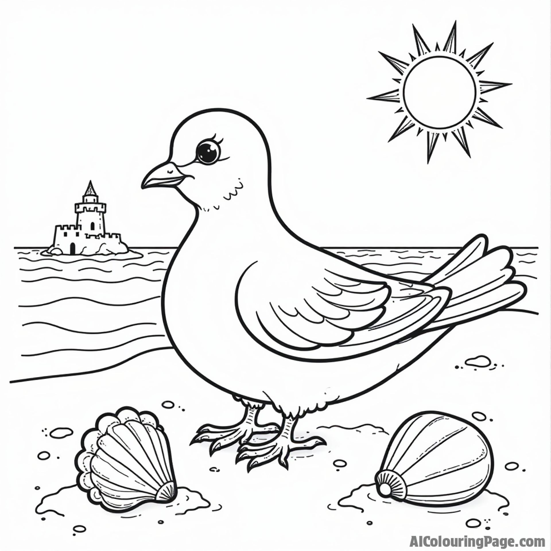 A dove enjoying a sunny day at the beach, with a sandcastle and seashells around for a fun summer coloring page.
