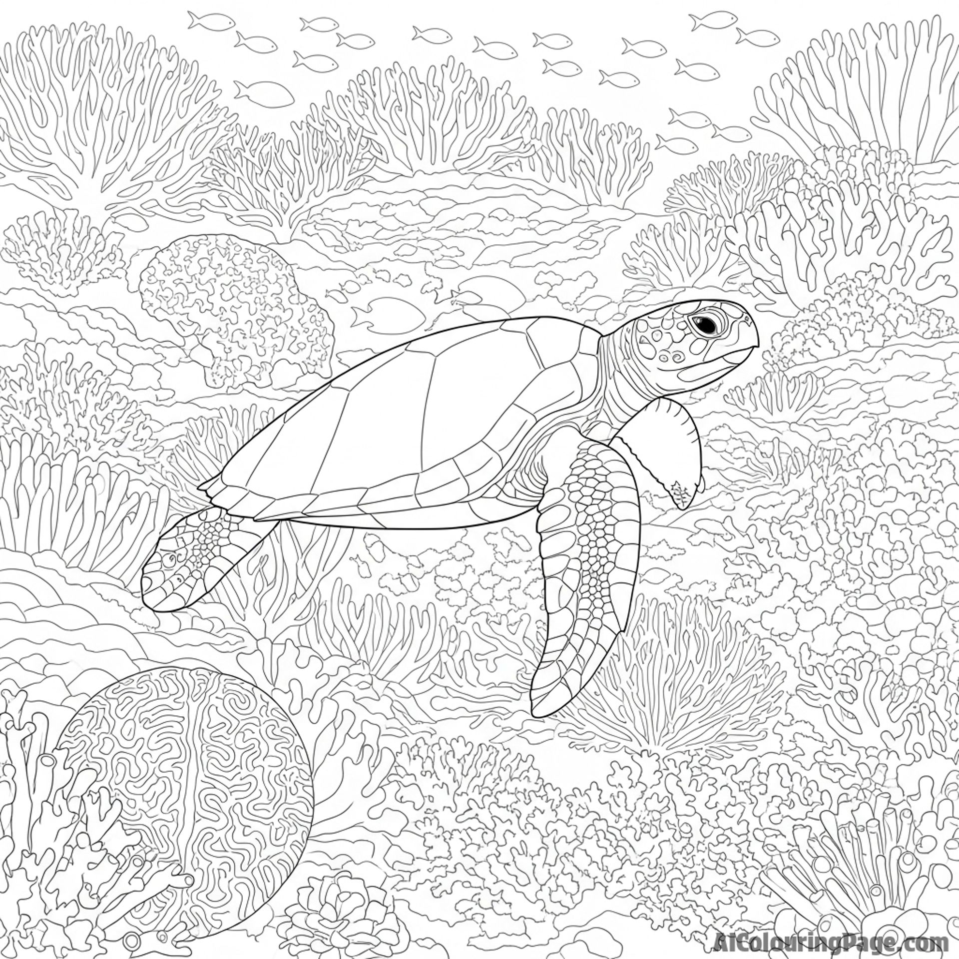 A turtle gracefully navigating a complex and dense coral reef.