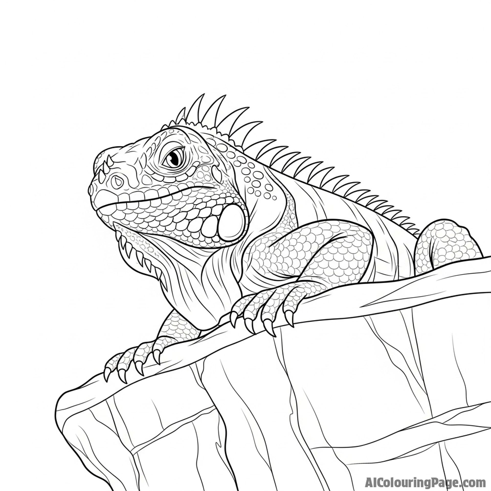 A low-angle shot of an iguana on a rock ledge, looking down imperiously.