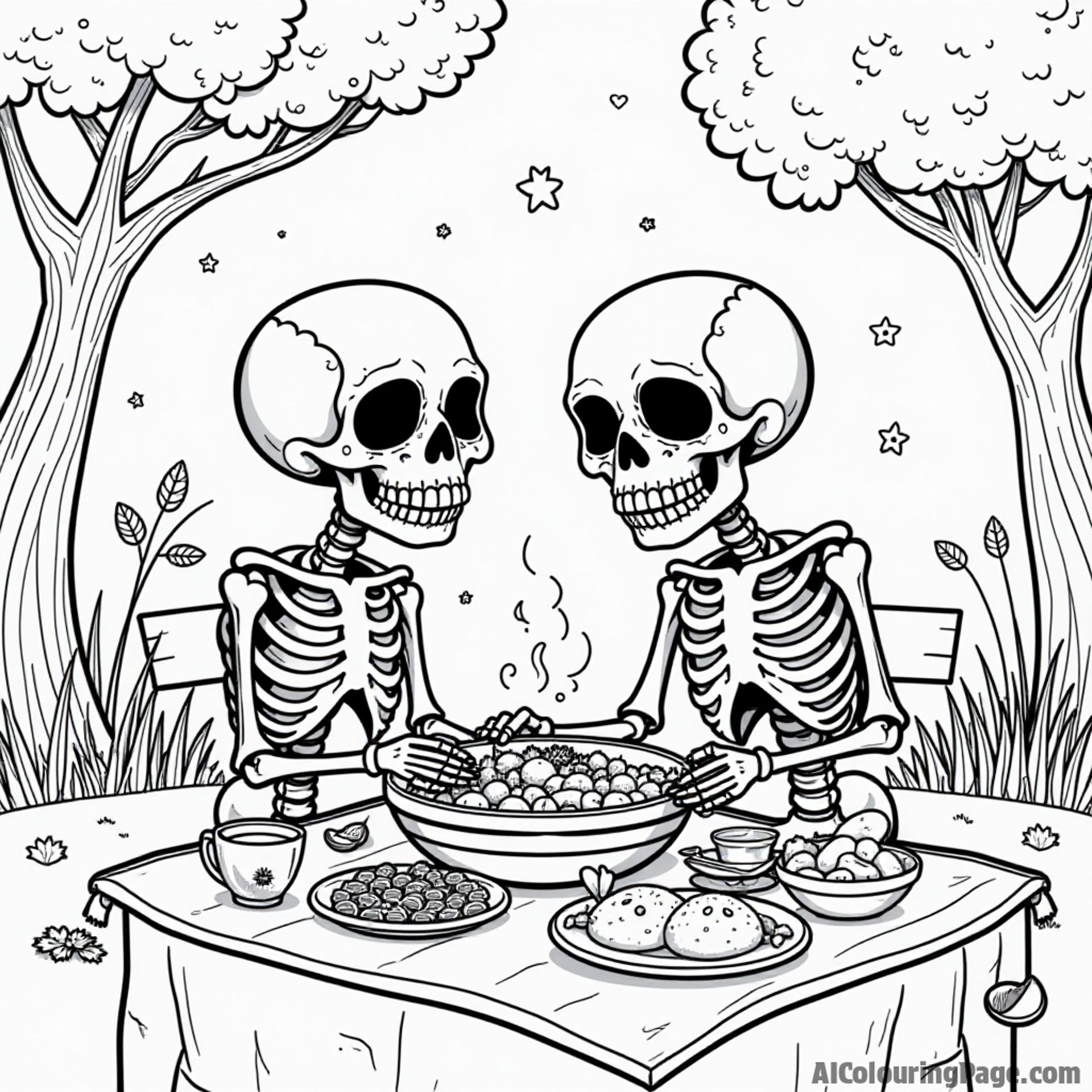 A charming skeleton couple enjoying a picnic in a park with Day of the Dead decorations, bringing a lighthearted scene for kids to color and appreciate the traditions.