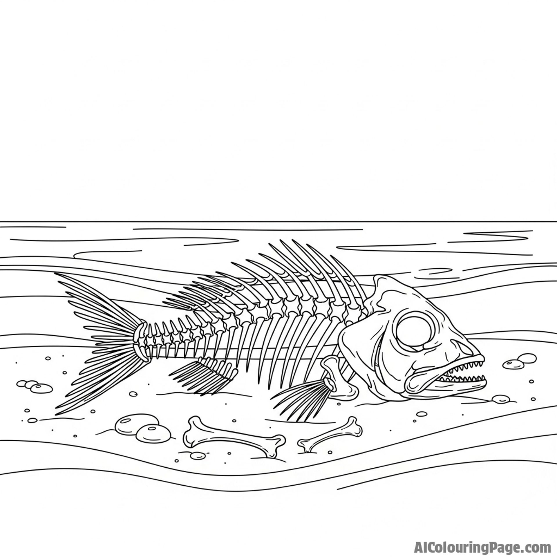 The skeletal remains of a fish on a deserted, sandy beach.