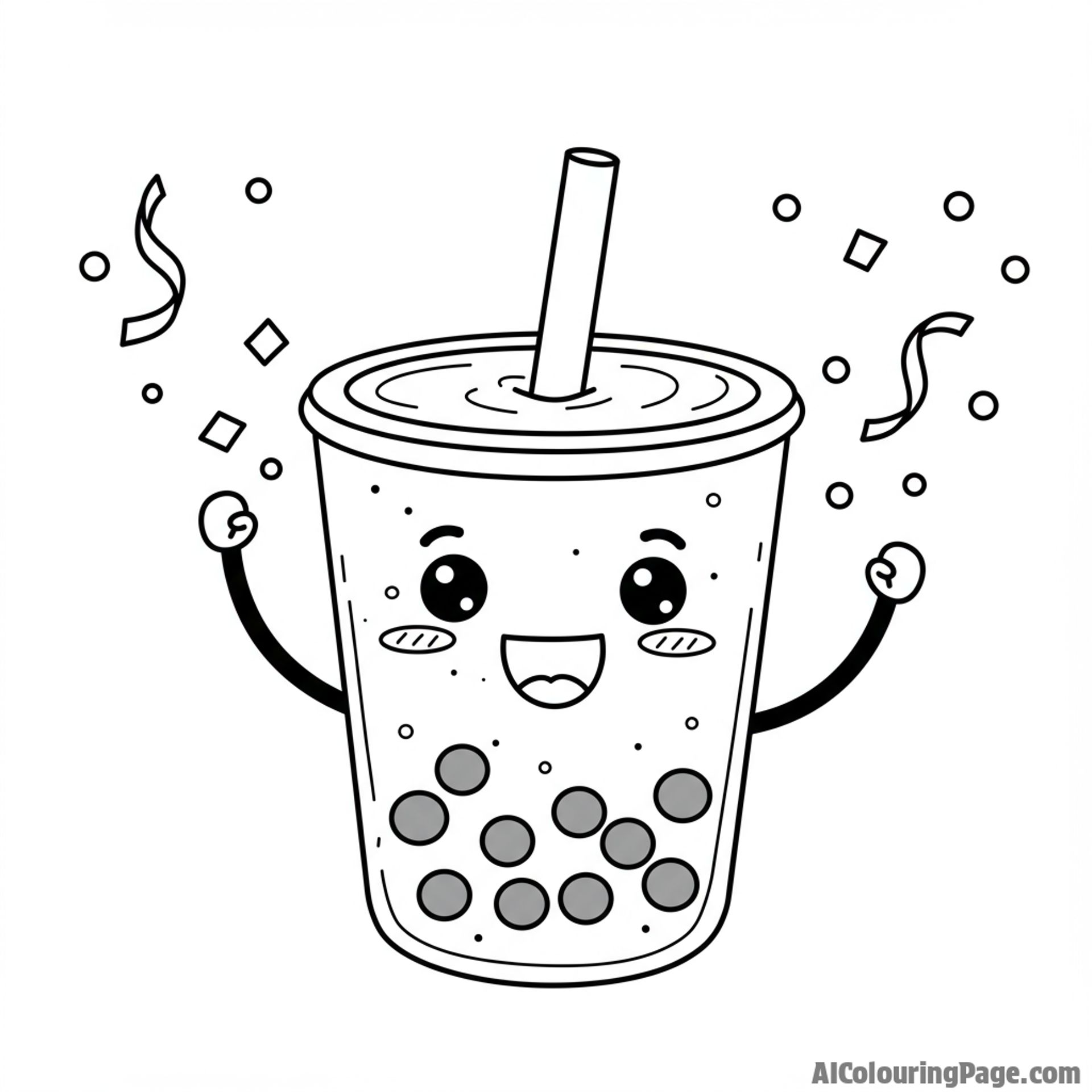 A joyful boba celebrating with confetti.