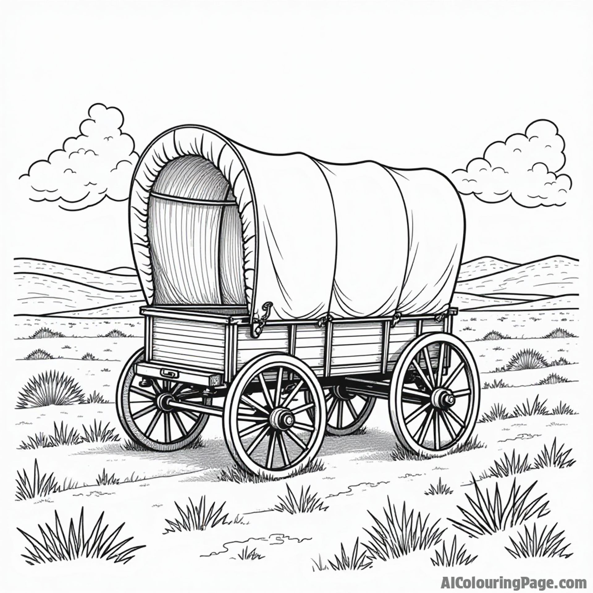 A vintage covered wagon on the Great Plains with rolling hills and a clear sky, showcasing South Dakota history for coloring.
