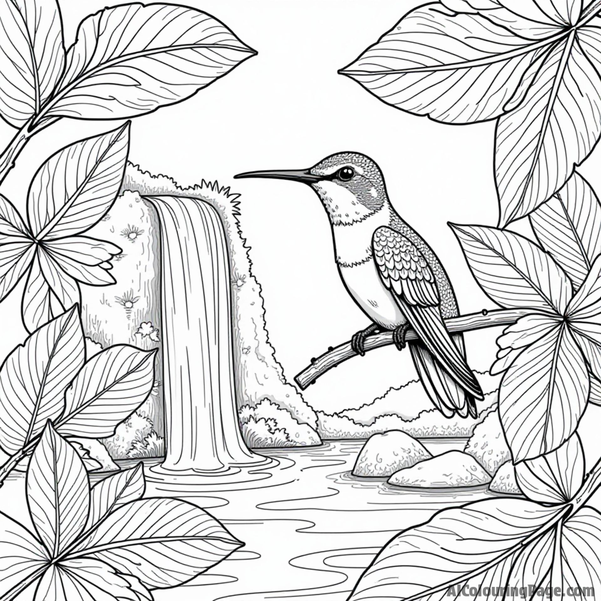 A hummingbird perched on a branch surrounded by tropical leaves and a small waterfall in the background.