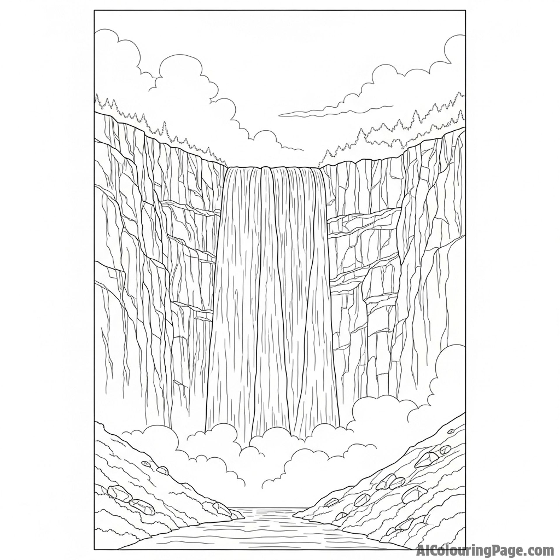 A colossal waterfall cascading down a sheer cliff face, mist rising in the air.