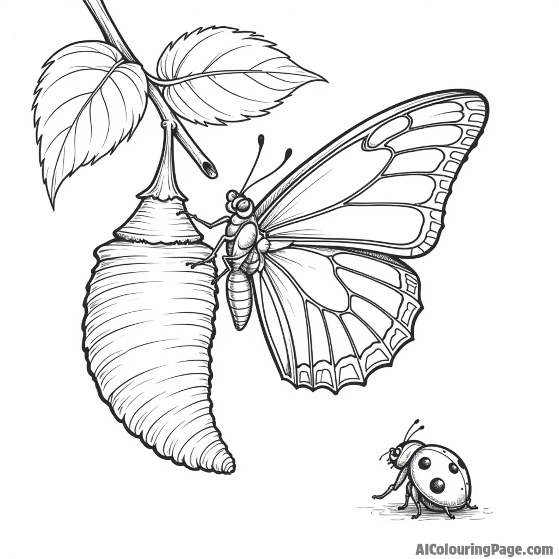 A butterfly emerging from a cocoon hanging on a leafy branch, with a curious ladybug watching nearby, perfect for coloring.