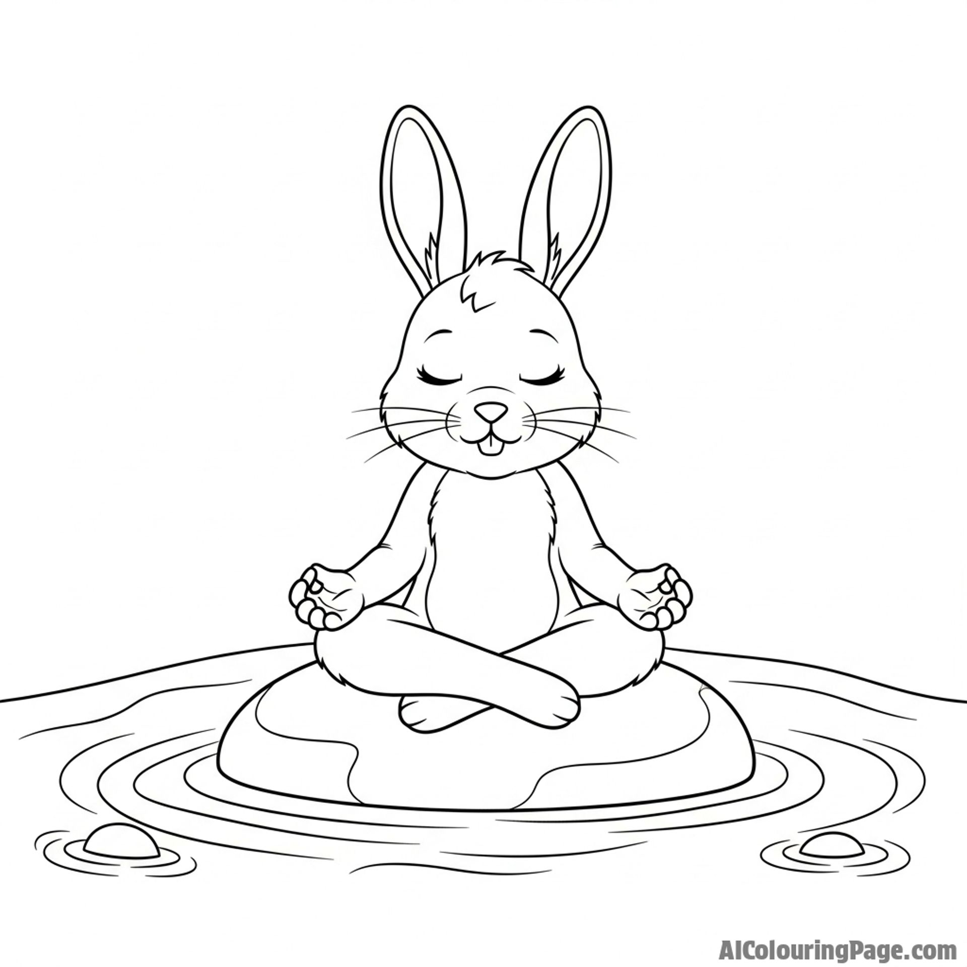 A serene bunny meditating on a flat stone in the middle of a tranquil, babbling stream.