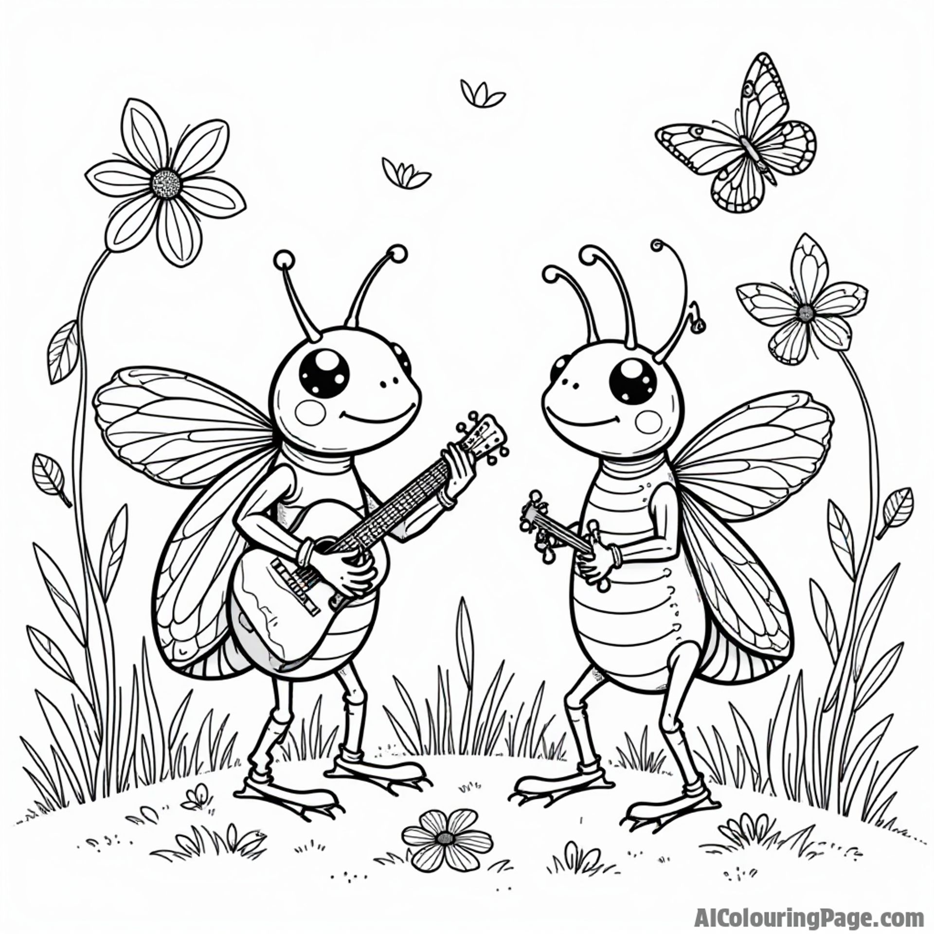 A ladybug and a grasshopper playing musical instruments in a meadow, surrounded by dancing flowers and butterflies.
