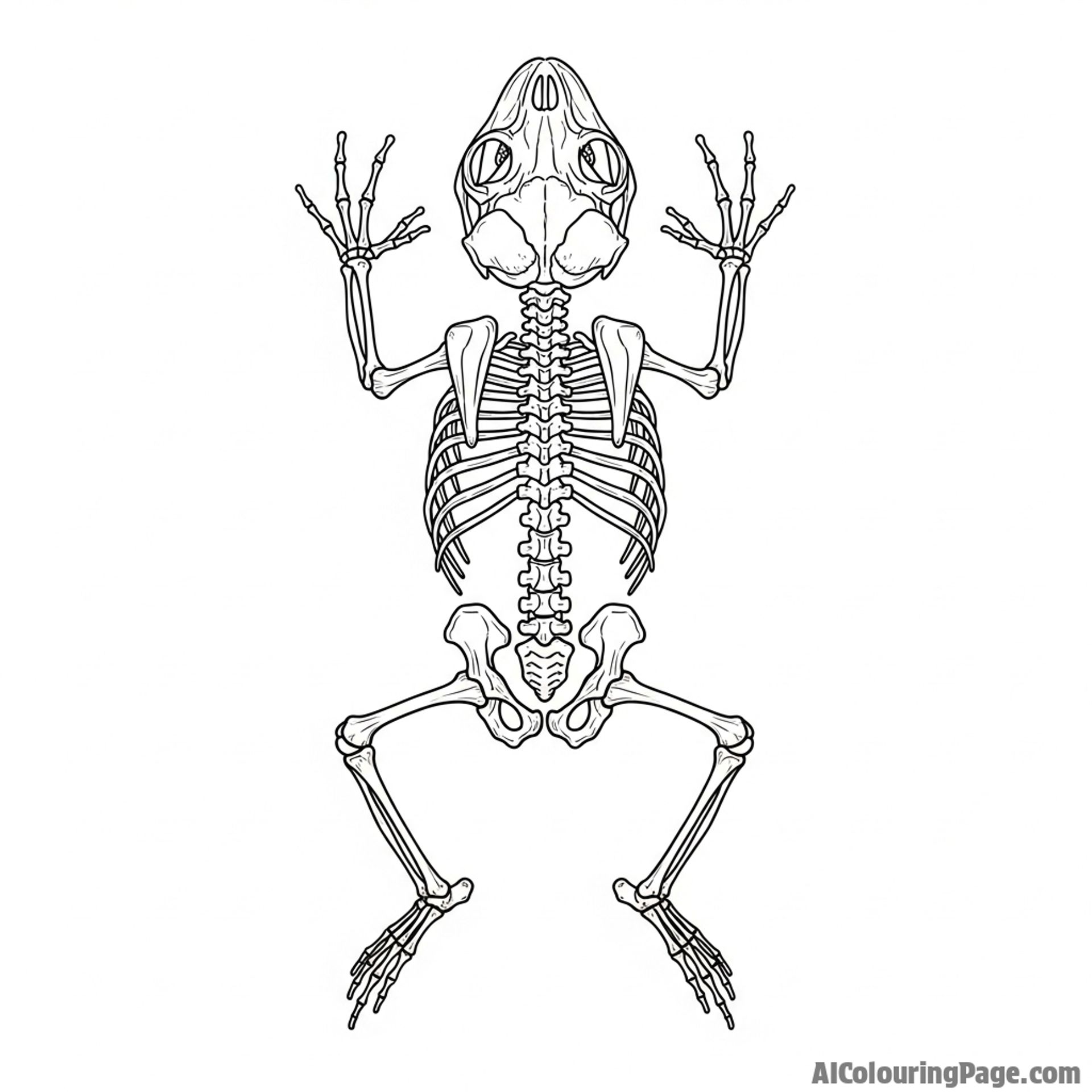 A frog's skeleton, scientifically accurate, displayed in a museum setting.