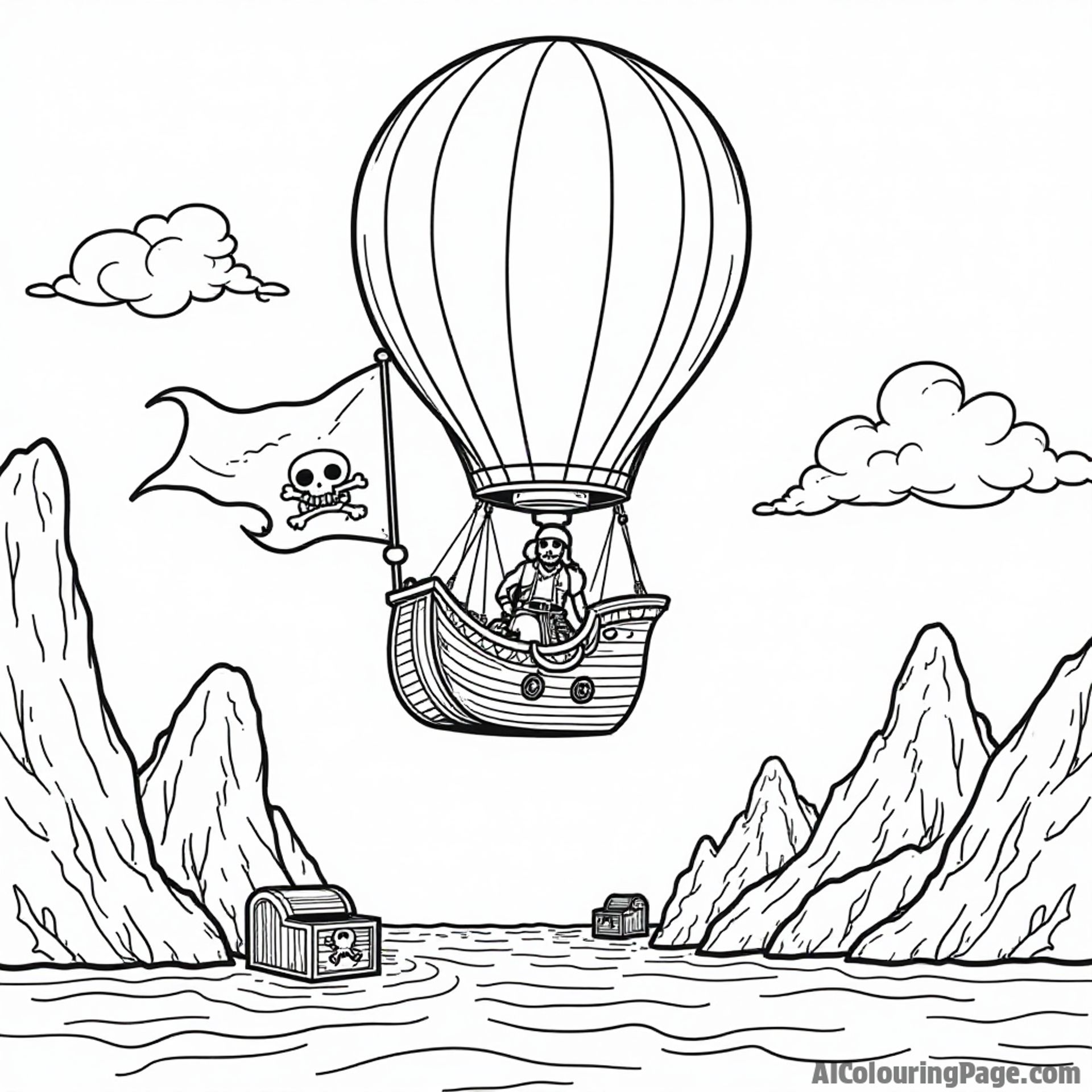 A hot air balloon with a pirate flag, sailing over a rocky coastline with treasure chests, ideal for adventurous children eager to color their own pirate quest.