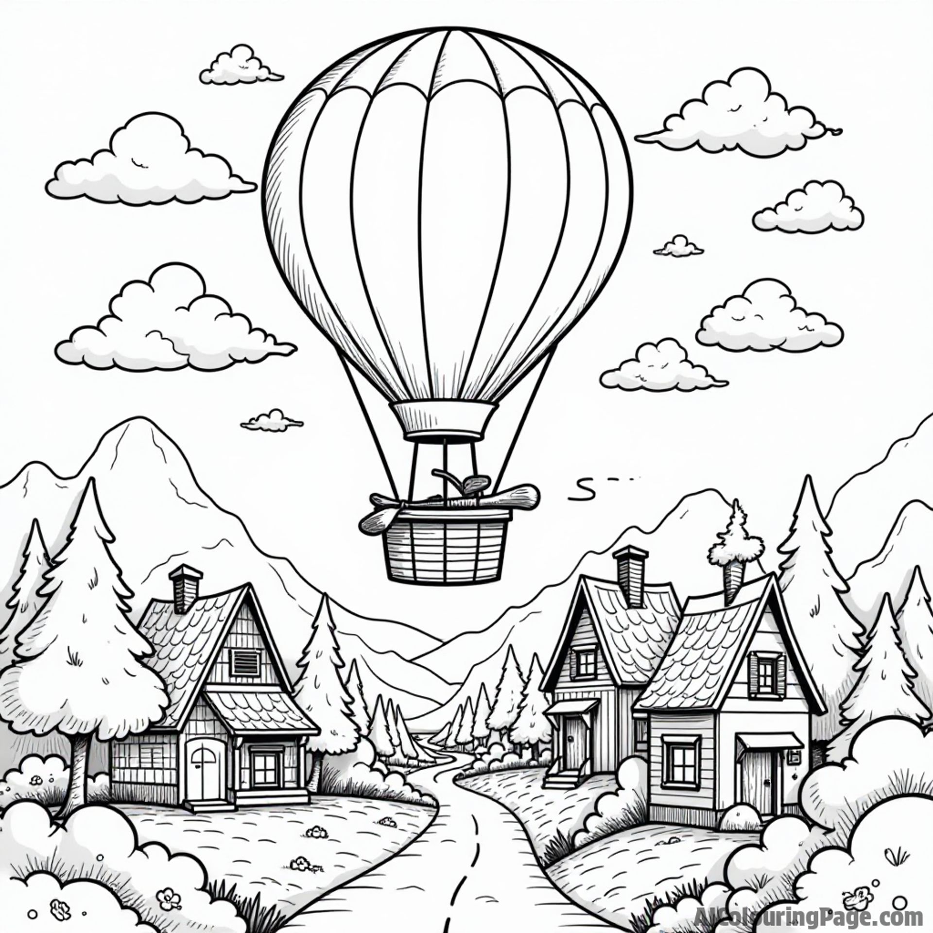 A hot air balloon with a giant paintbrush, floating over an artist's village filled with easels and paint palettes, encouraging colorful creativity and adventurous exploration.