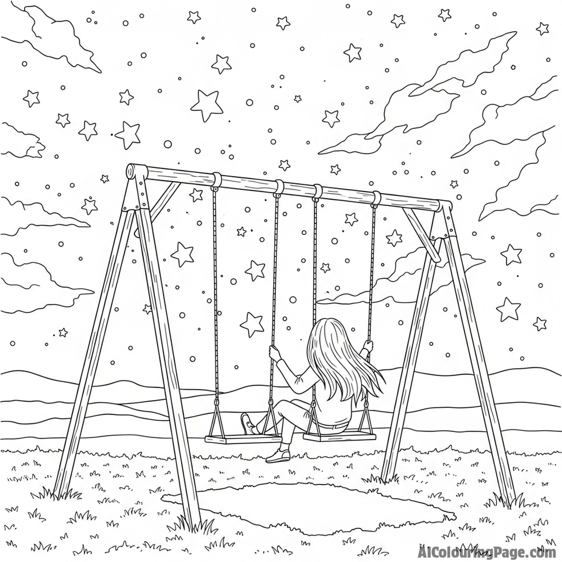 Empty swing set swaying gently under a starry sky.