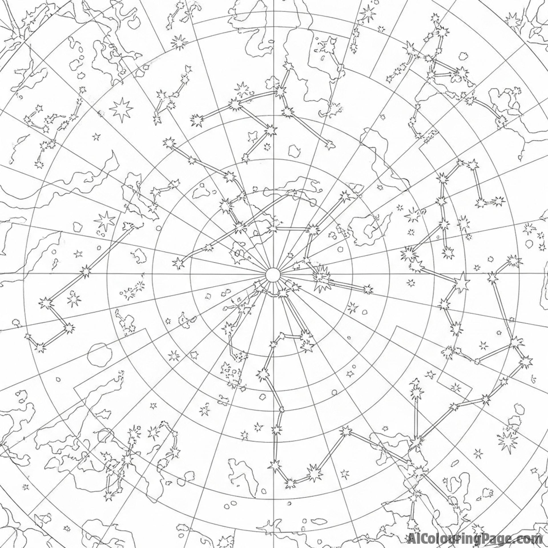 Night sky with prominent constellations, celestial map.