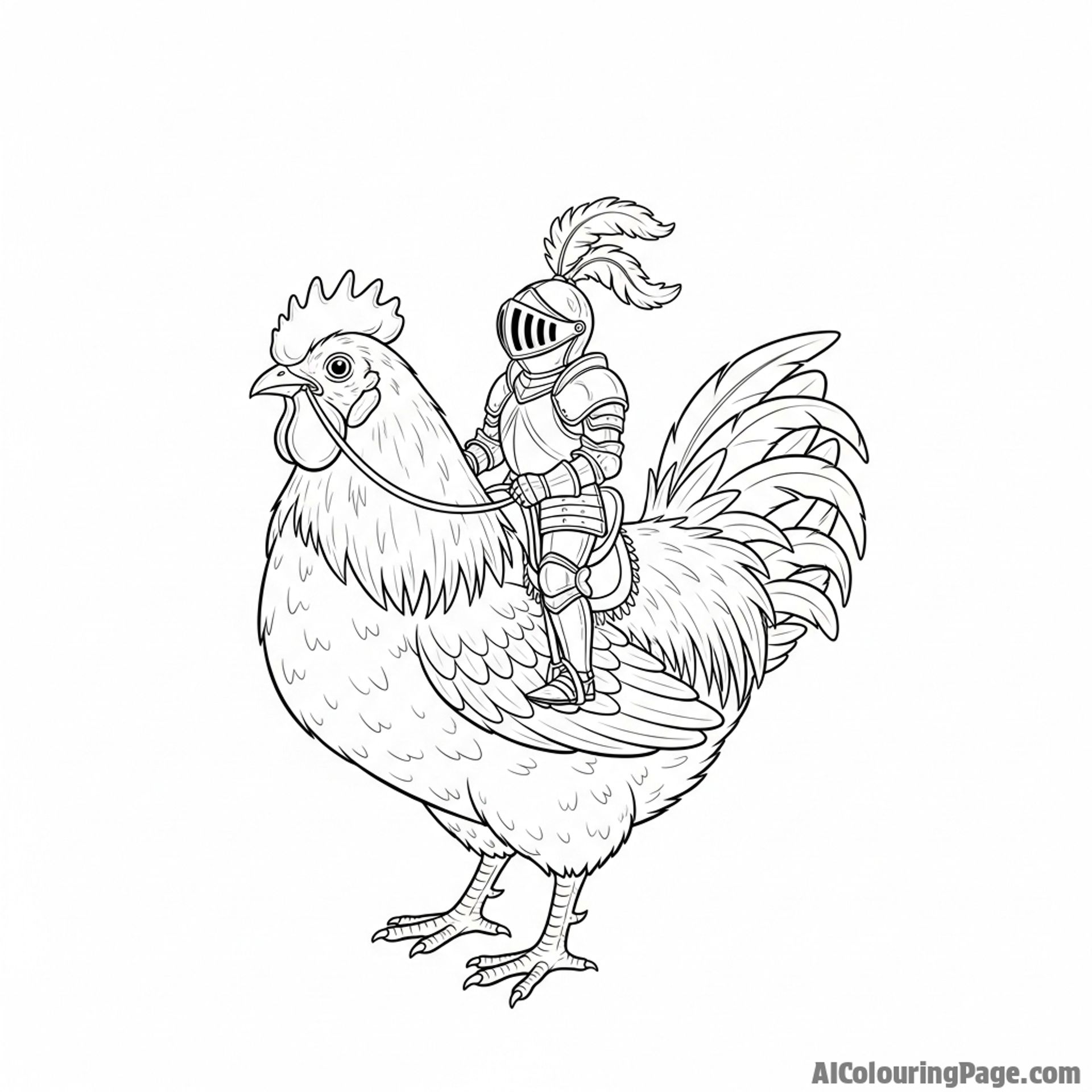 A fantasy scene of a giant chicken being ridden by a tiny knight.
