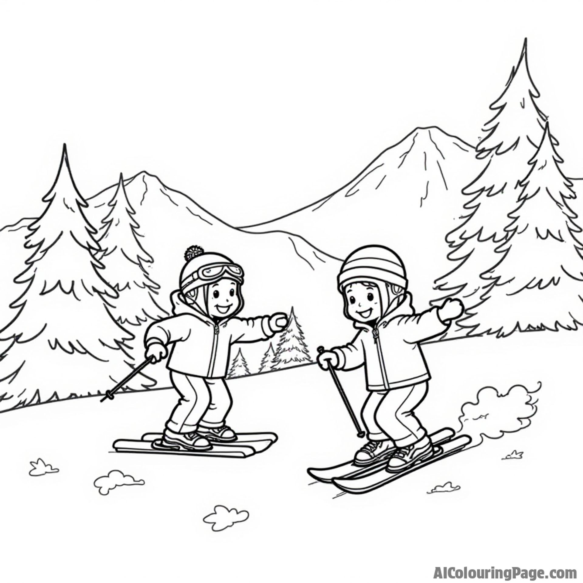 A vibrant scene of a Colorado ski resort with happy children skiing and snow-covered trees in the background.