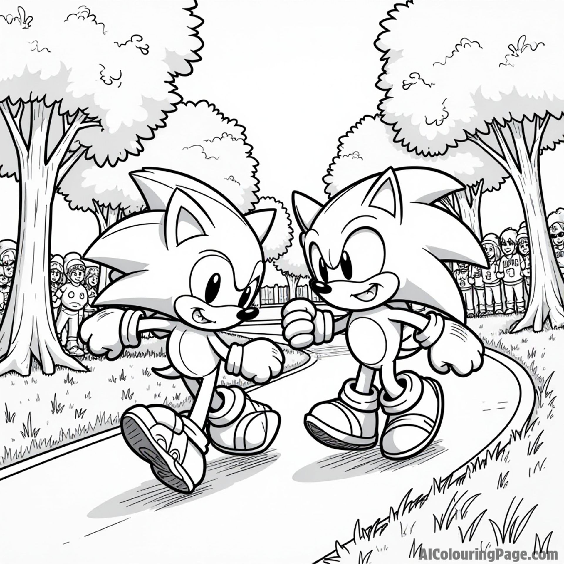 Sonic and Knuckles competing in a friendly race through a lush green park, with trees lining the path and cheering fans.