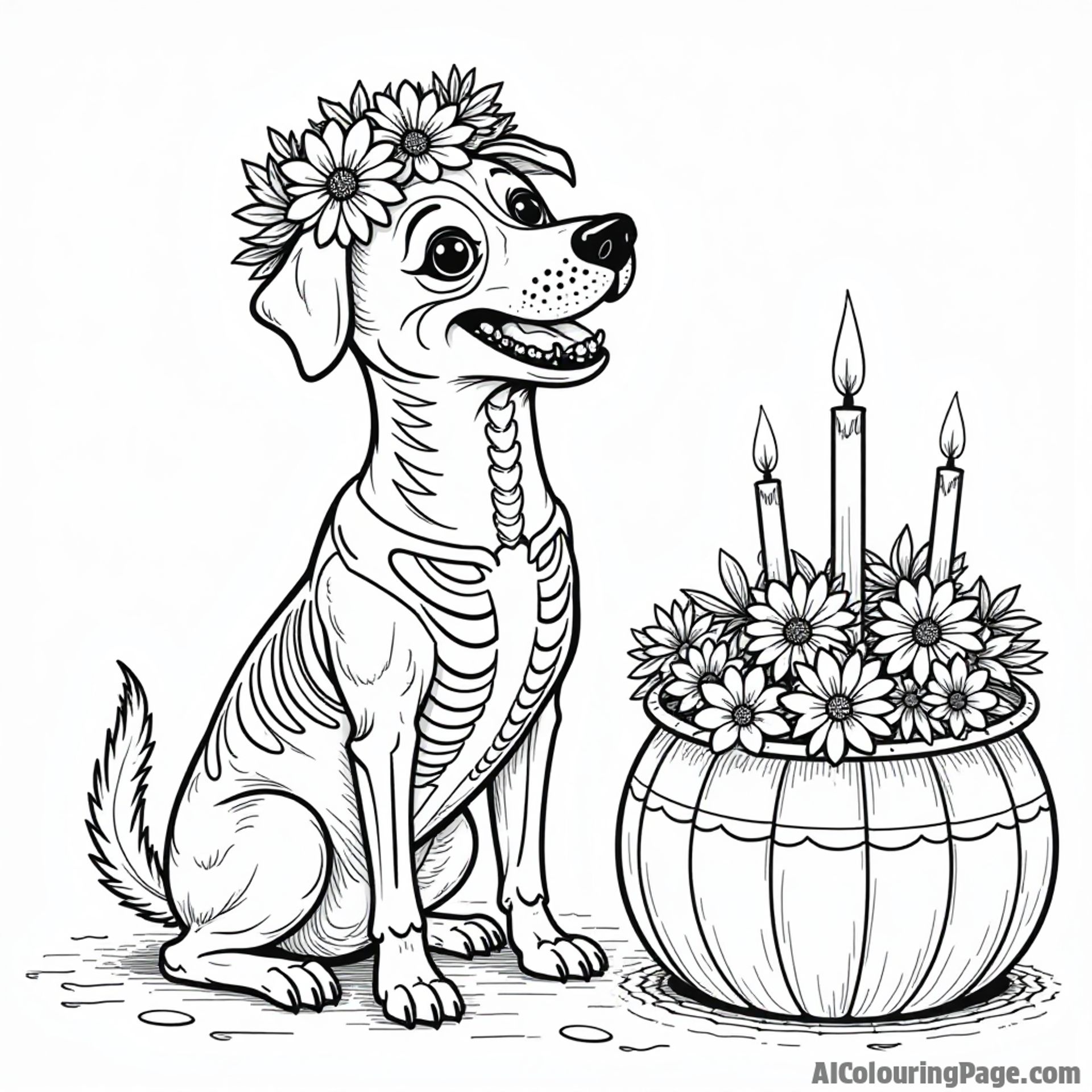 A playful dog dressed as a skeleton with a flower crown, sitting next to a vibrant Day of the Dead altar, bringing joy and fun to a coloring page for kids.