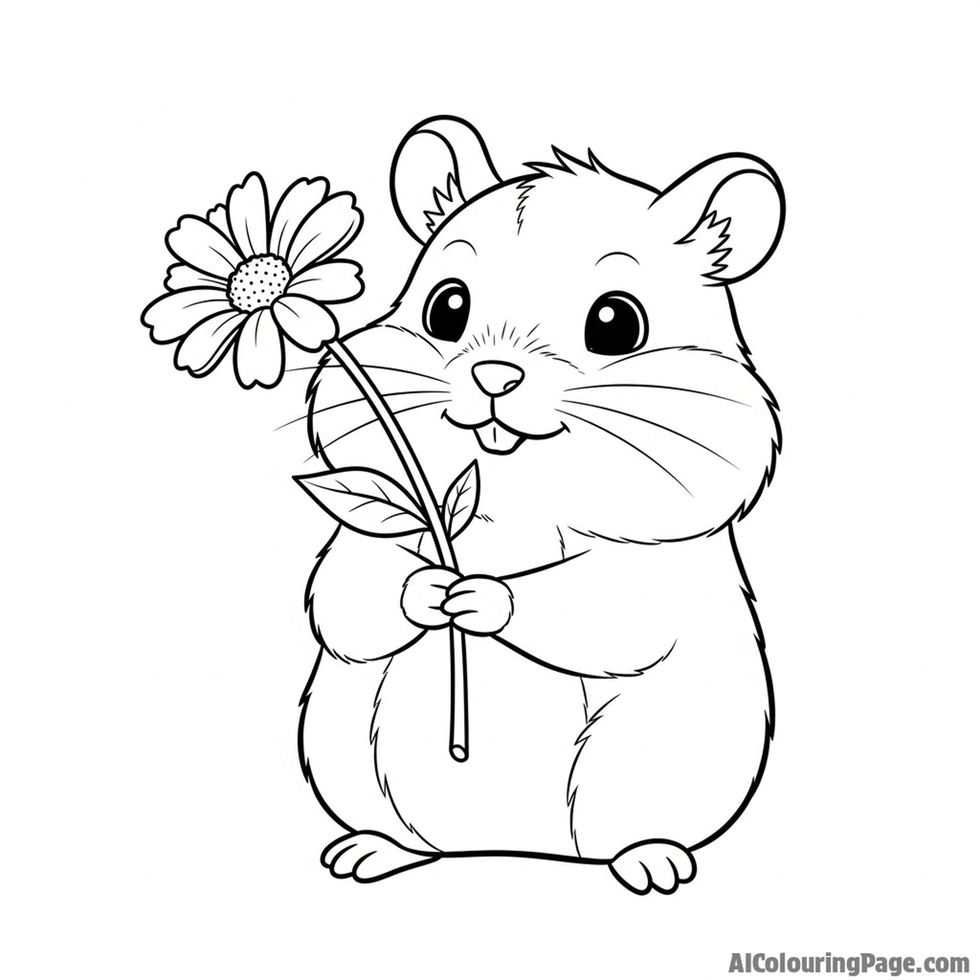 A hamster holding a single, delicate flower stem