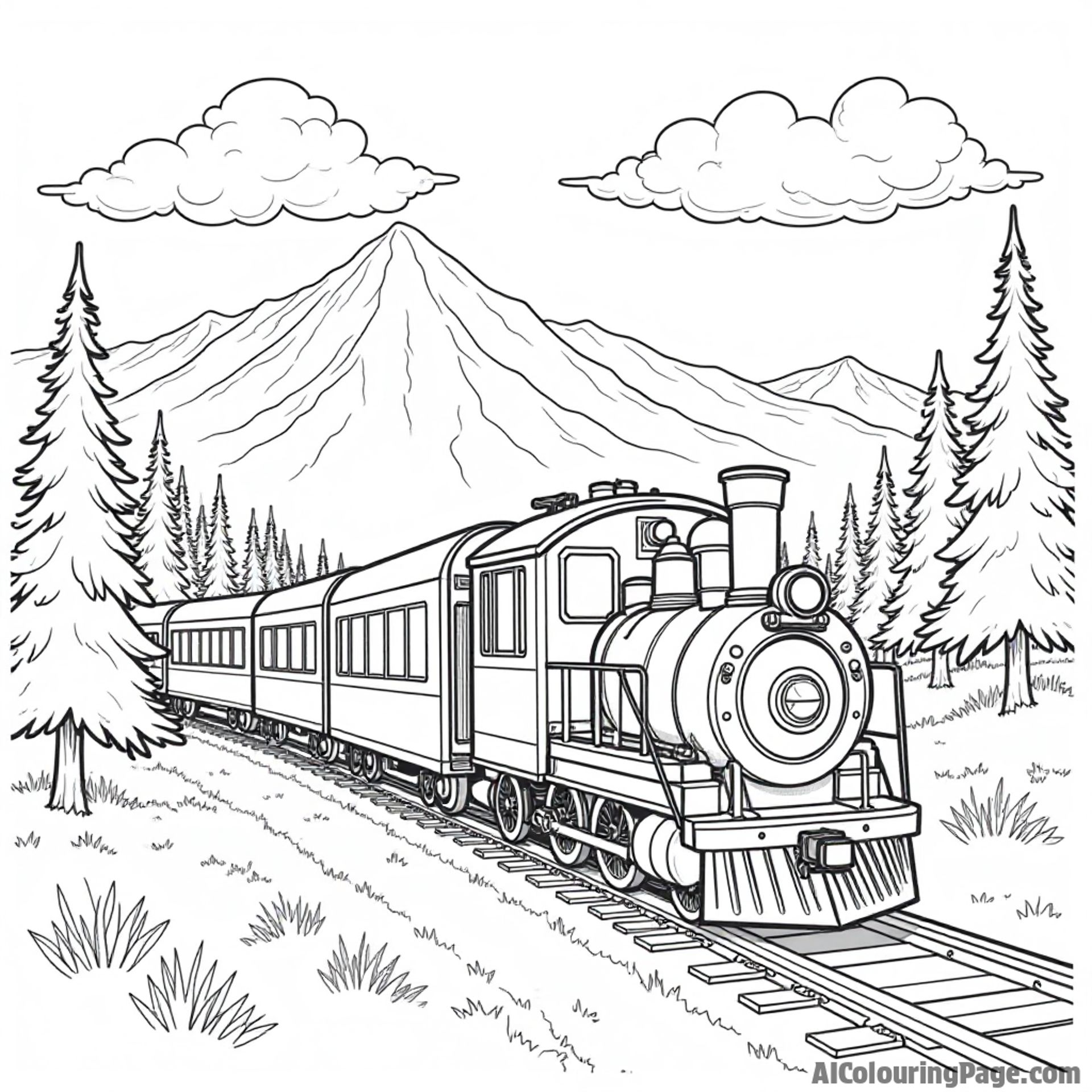 A charming train traveling through the Colorado mountains with puffy clouds and tall evergreen trees along the route.
