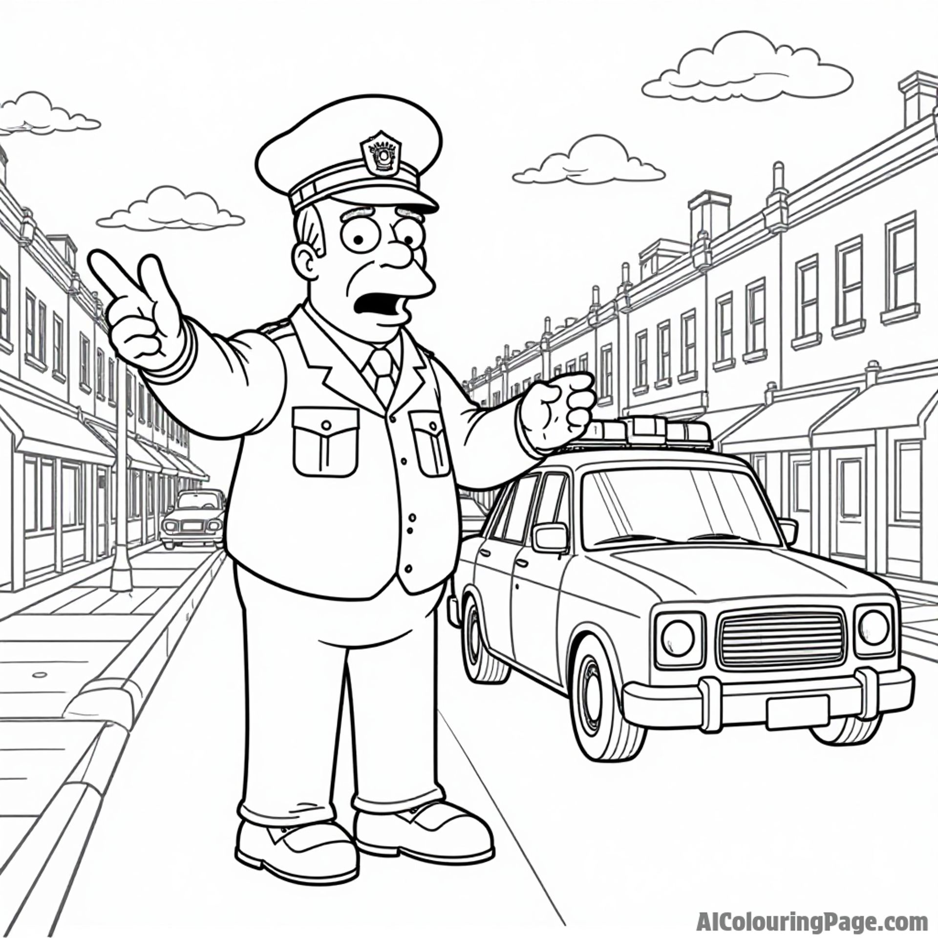 Chief Wiggum directing traffic with a whistle in hand, accompanied by his police car parked on a busy Springfield street.