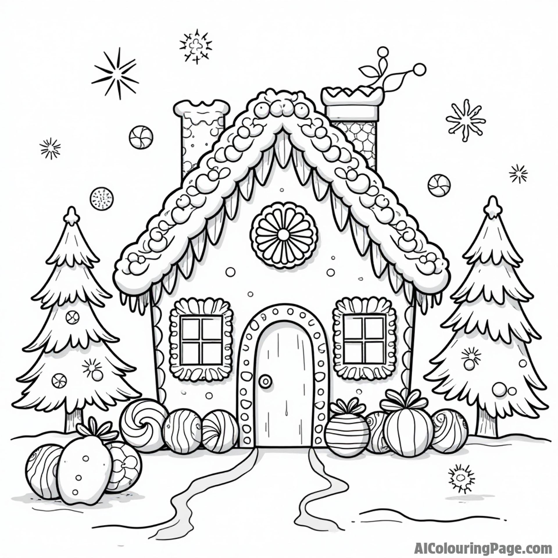 A winter wonderland scene featuring a gingerbread house decorated with candy, snowflakes, and peppermint trees for fun coloring.