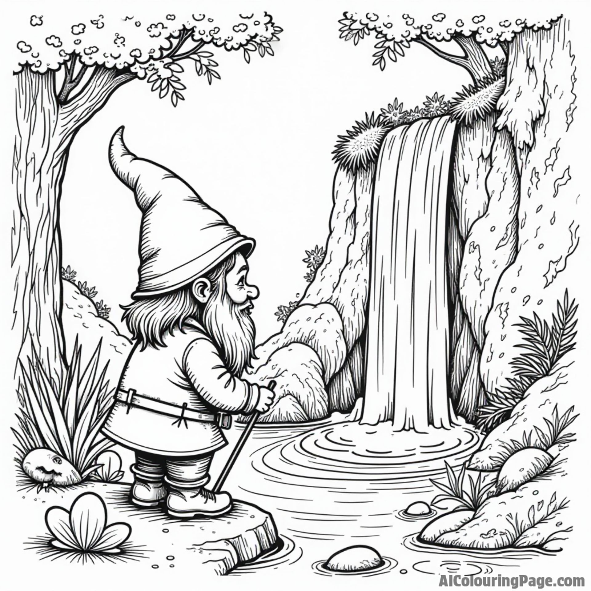 A gnome discovering a hidden waterfall with magical creatures playing in the water, creating a serene atmosphere around.