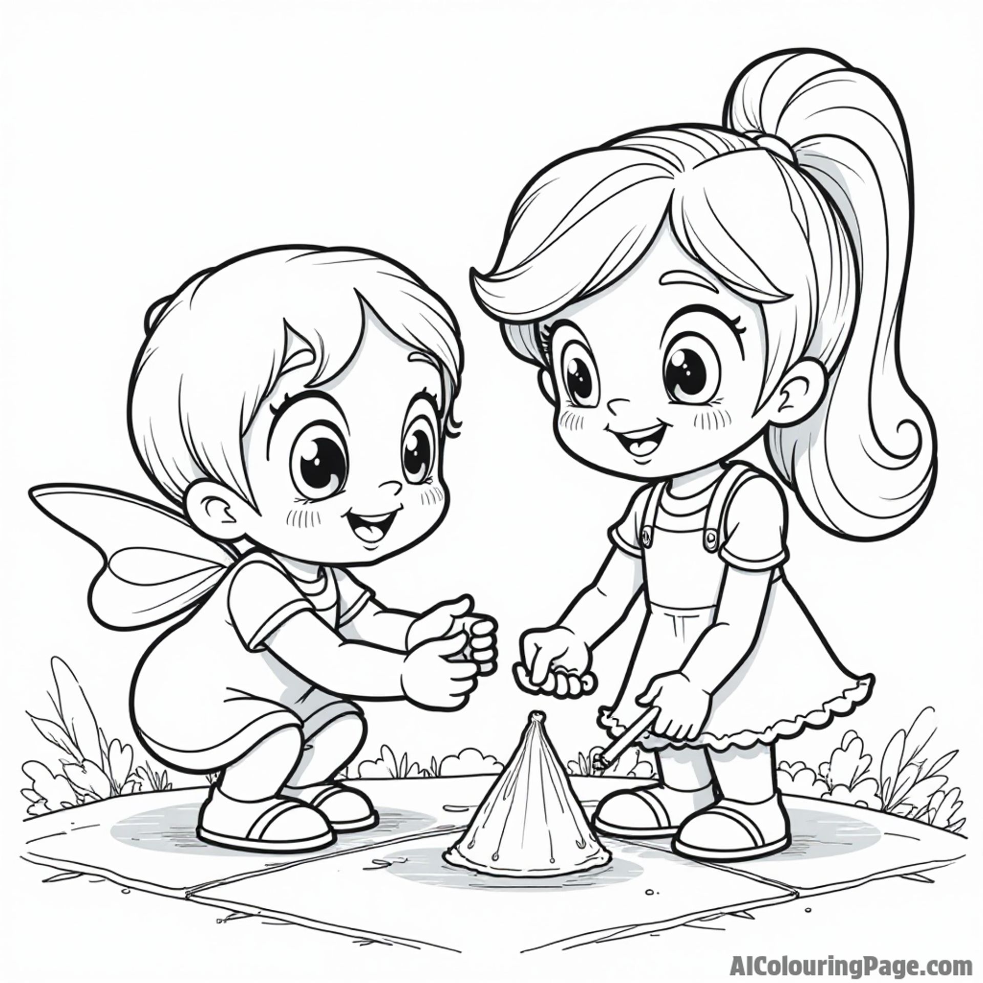 Bubbles and Buttercup creating art with sidewalk chalk, while Blossom encourages them, showcasing their creativity and teamwork