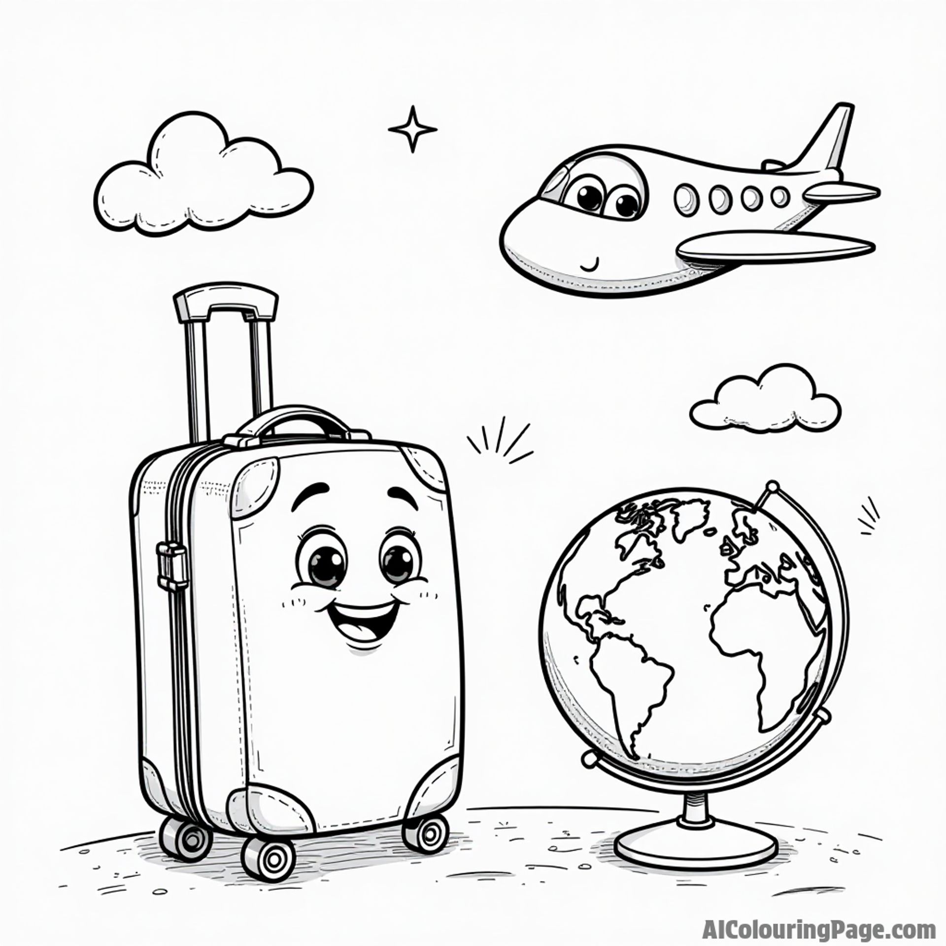 A fun travel scene with a cheerful suitcase character, a playful globe, and a happy airplane soaring in the sky.