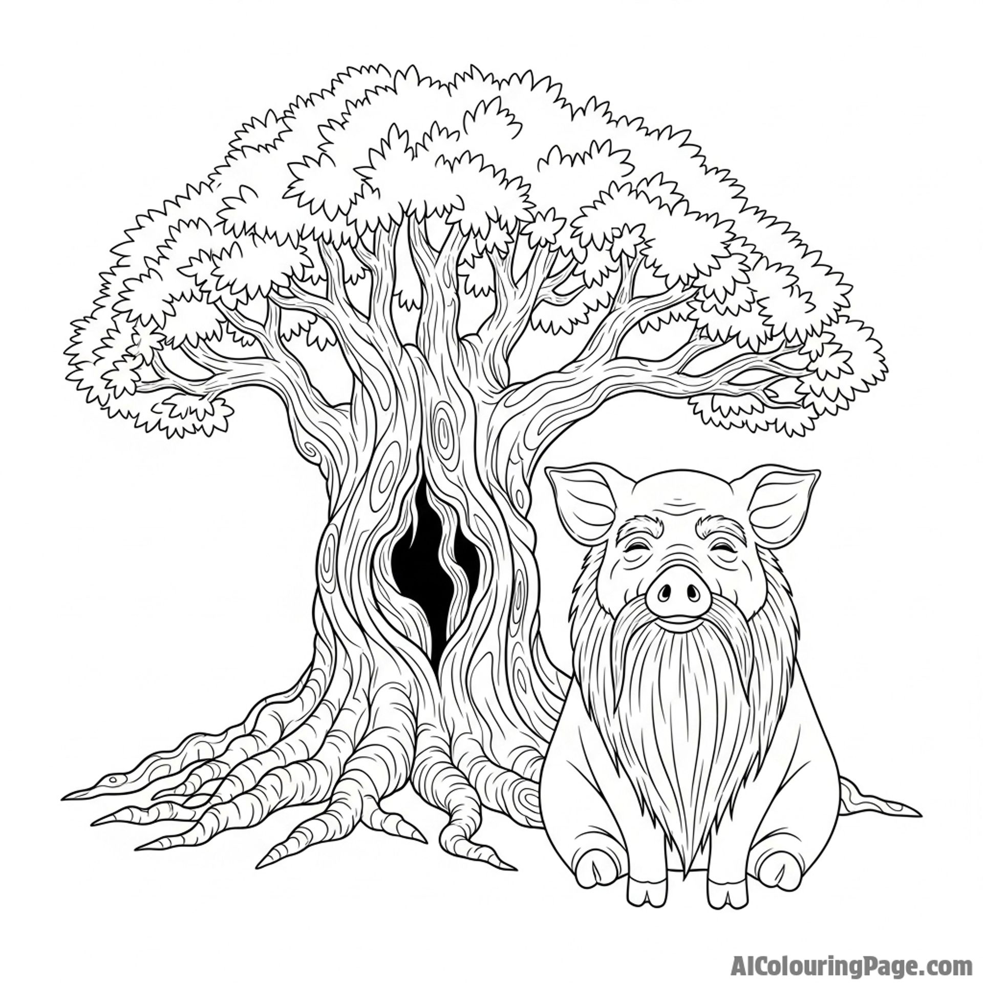 A wise old pig with a long, flowing beard, sitting under an ancient tree.