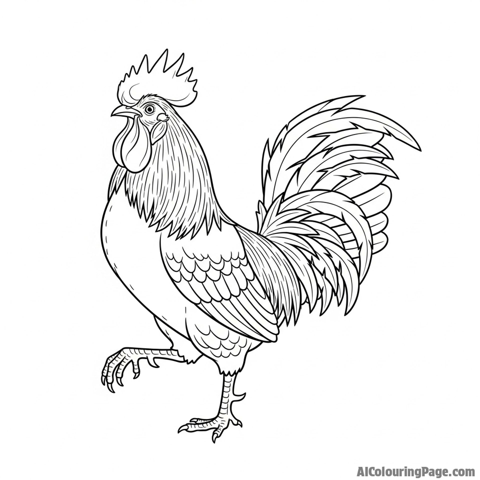 A powerful rooster, its wattle and comb detailed, in a dramatic pose.