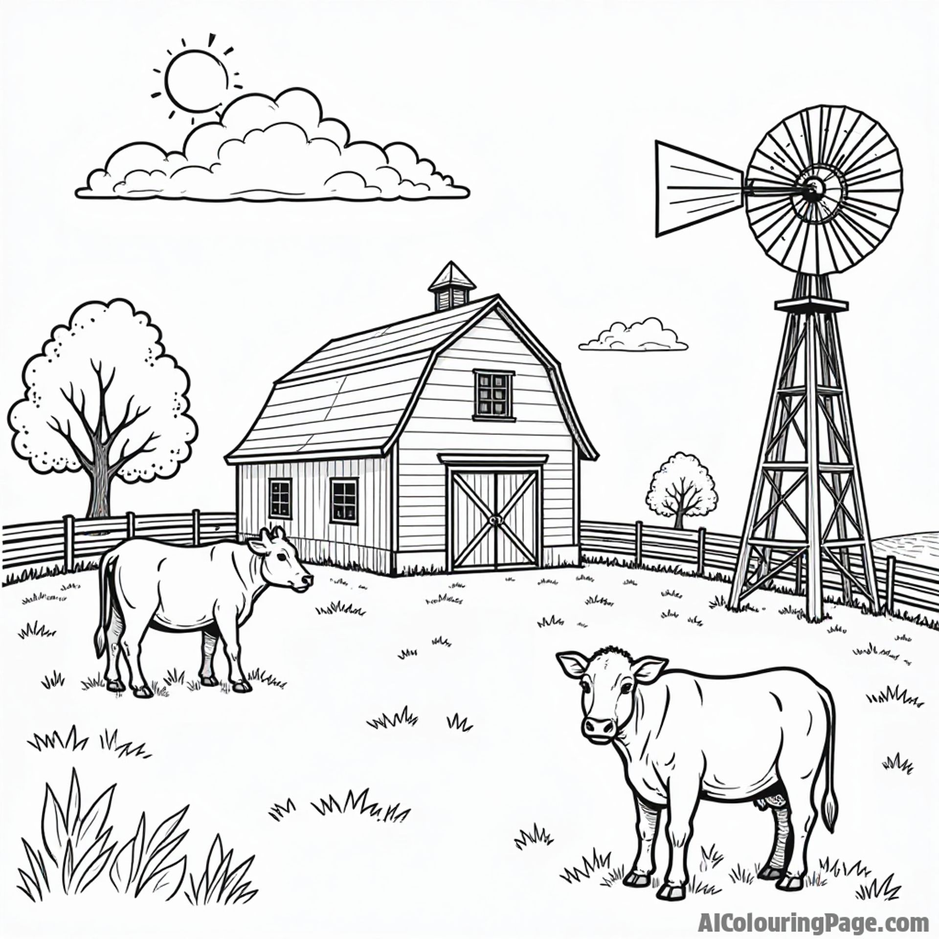 A picturesque farm scene with a big red barn, grazing cows, and a windmill under a sunny sky for kids to color.