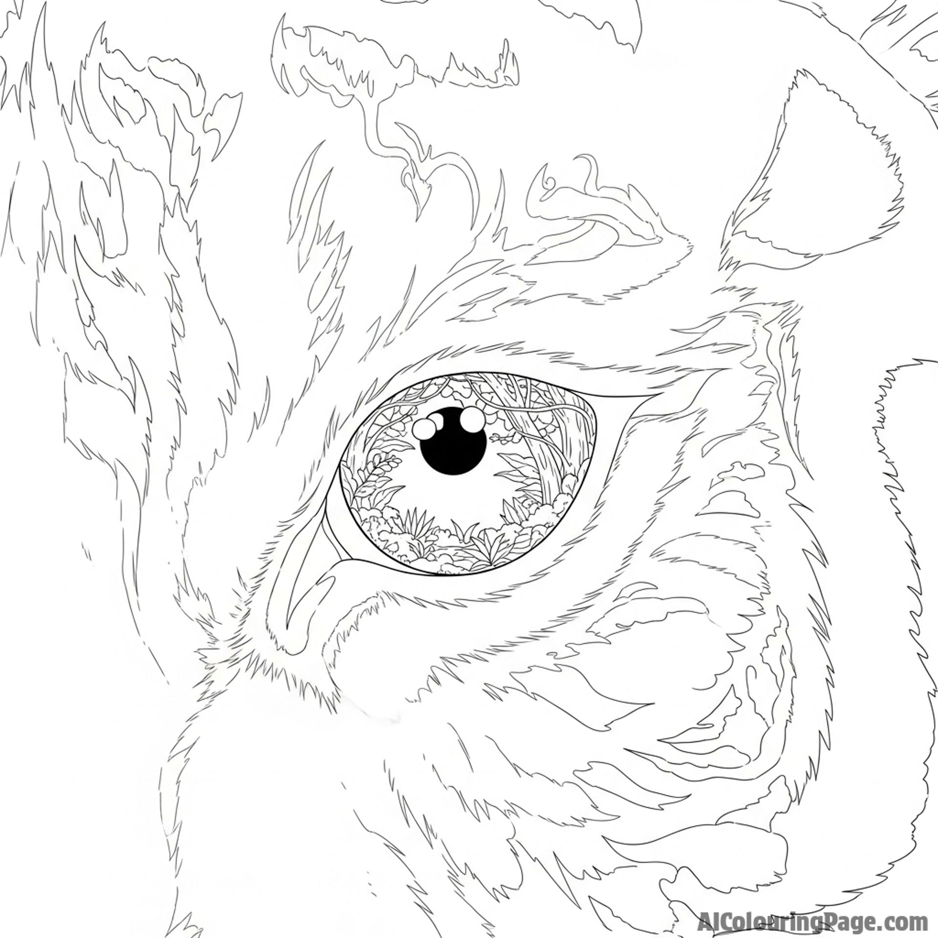 A photorealistic close-up on a tiger’s eye, reflecting a dense jungle scene.