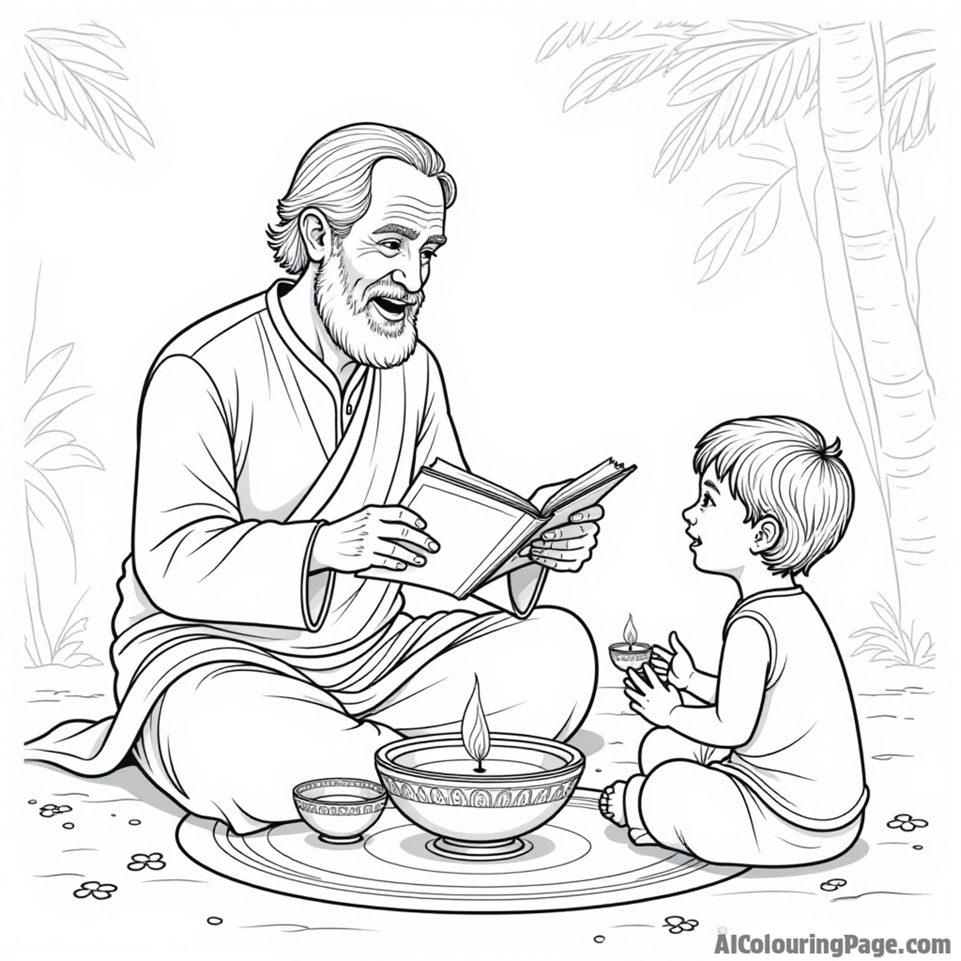 A charming old man telling stories to children around a diya, emphasizing the importance of traditions and storytelling during Diwali celebrations for a heartwarming experience in Festivals and Traditions Coloring Sheets.