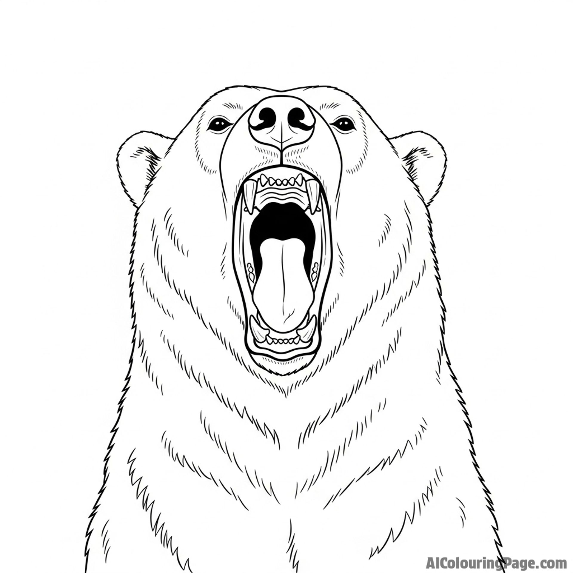 A polar bear yawning, revealing its formidable teeth and tongue.