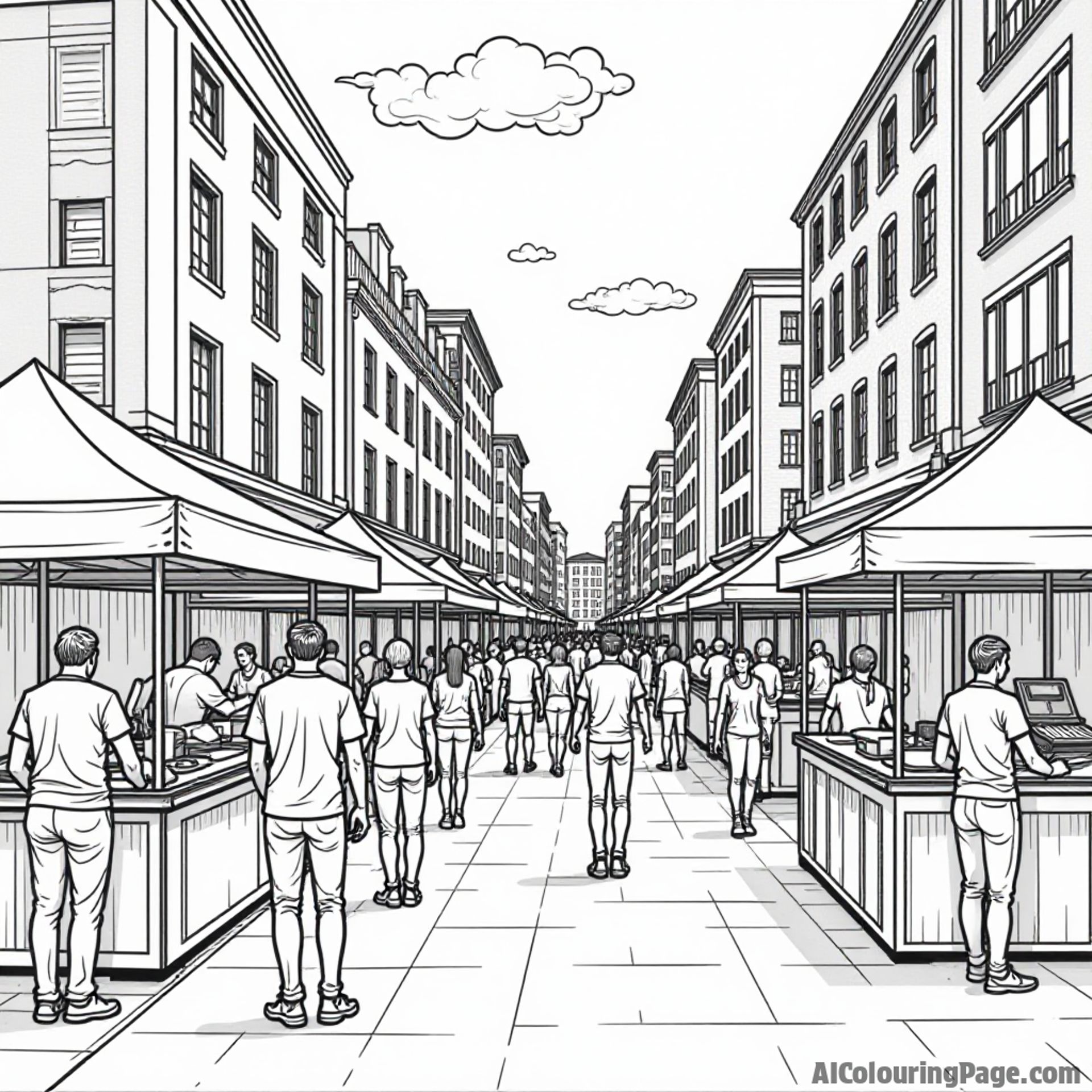 A bustling Boston market scene with food stalls, street performers, and people enjoying the day, inviting creativity with colors.