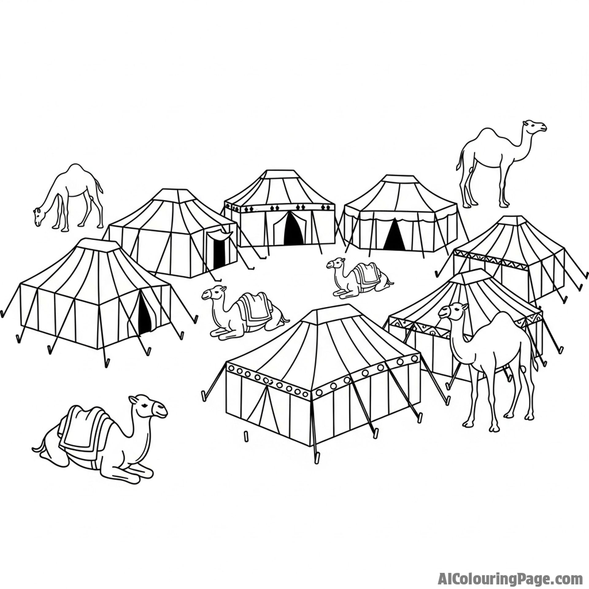 Nomad encampment, tents, camels resting.