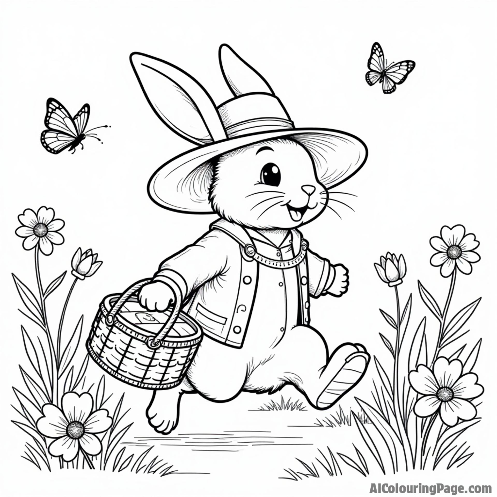 An explorer rabbit wearing a large hat, hopping through a field of flowers and butterflies, with a picnic basket in tow, ready for a delightful adventure coloring page.