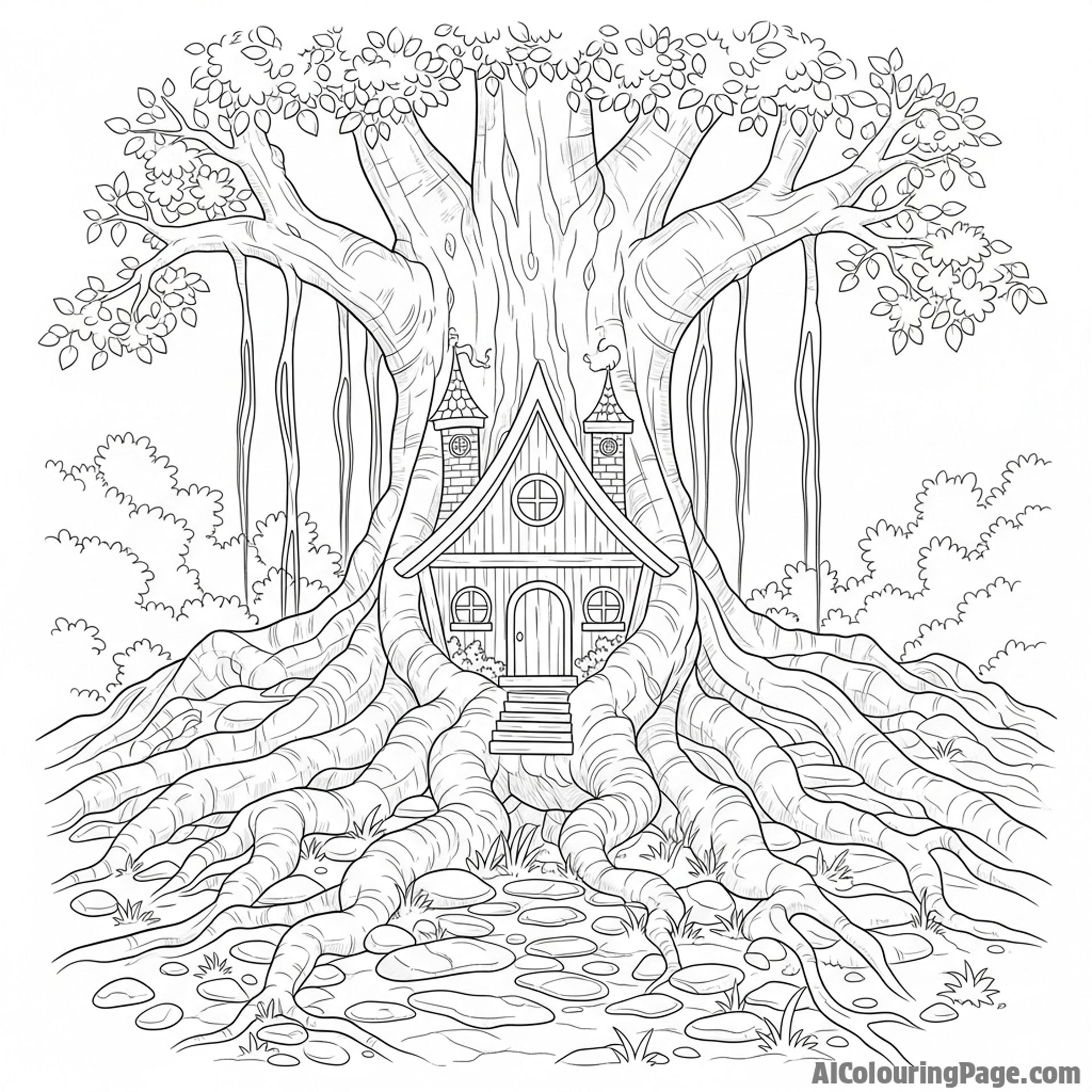 A fairy house hidden amongst the roots of a giant tree in a garden.