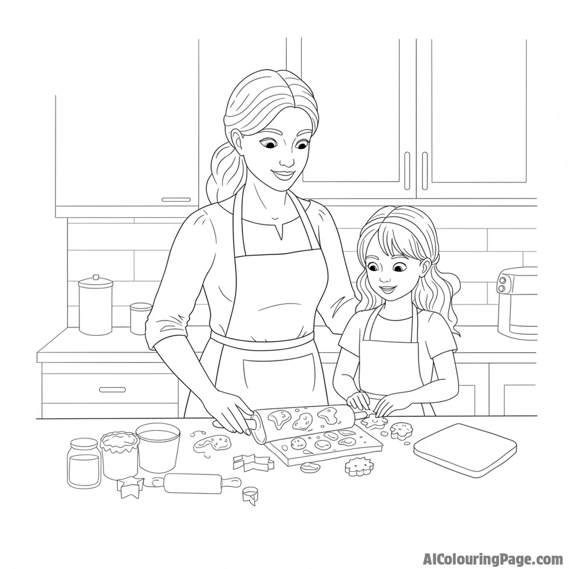 A mother teaching her daughter how to bake cookies in a sunlit kitchen.