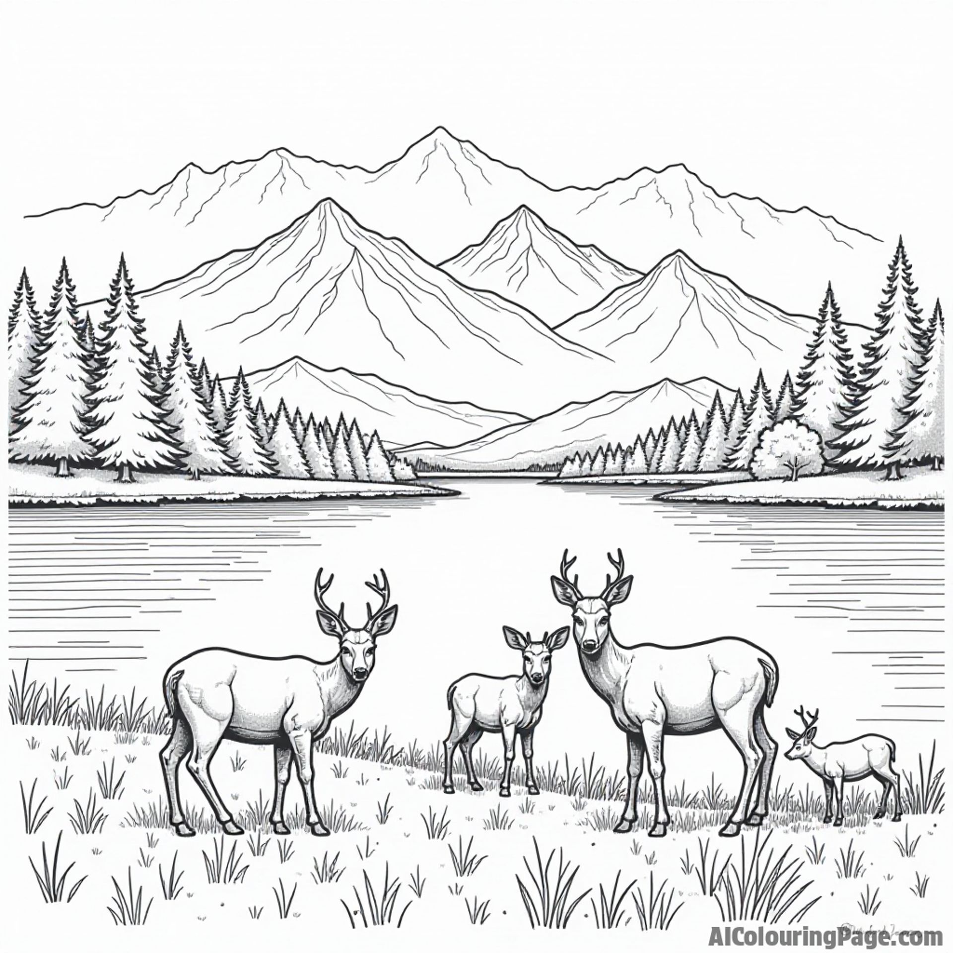 A family of deer grazing near a tranquil Nebraska lake surrounded by trees and mountains in the distance.
