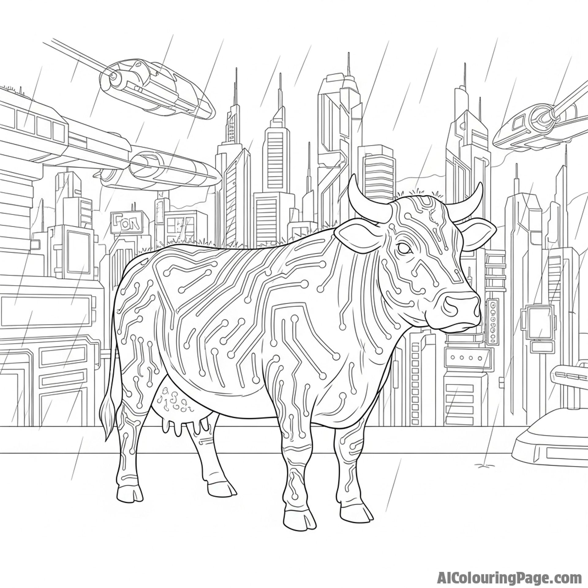 A cyberpunk cow with glowing circuit-like patterns on its hide, in a rainy, futuristic cityscape.