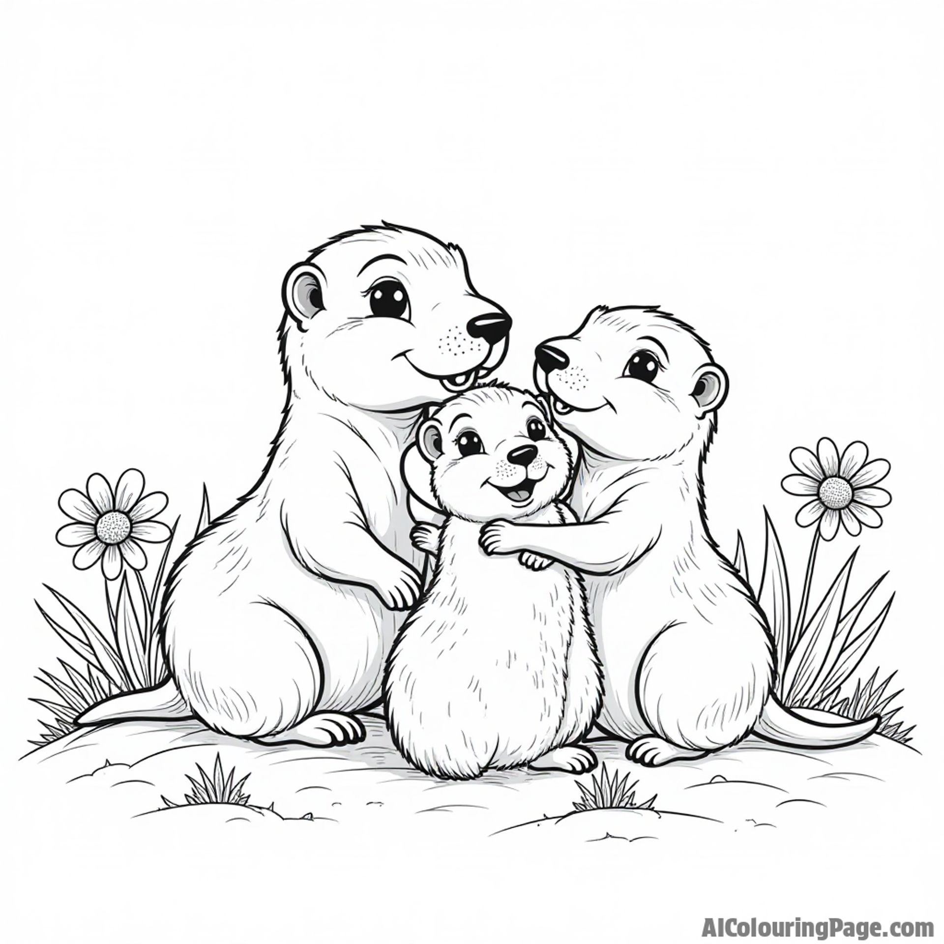 A playful family of prairie dogs in their burrow, with grass and daisies, creating a delightful coloring experience.