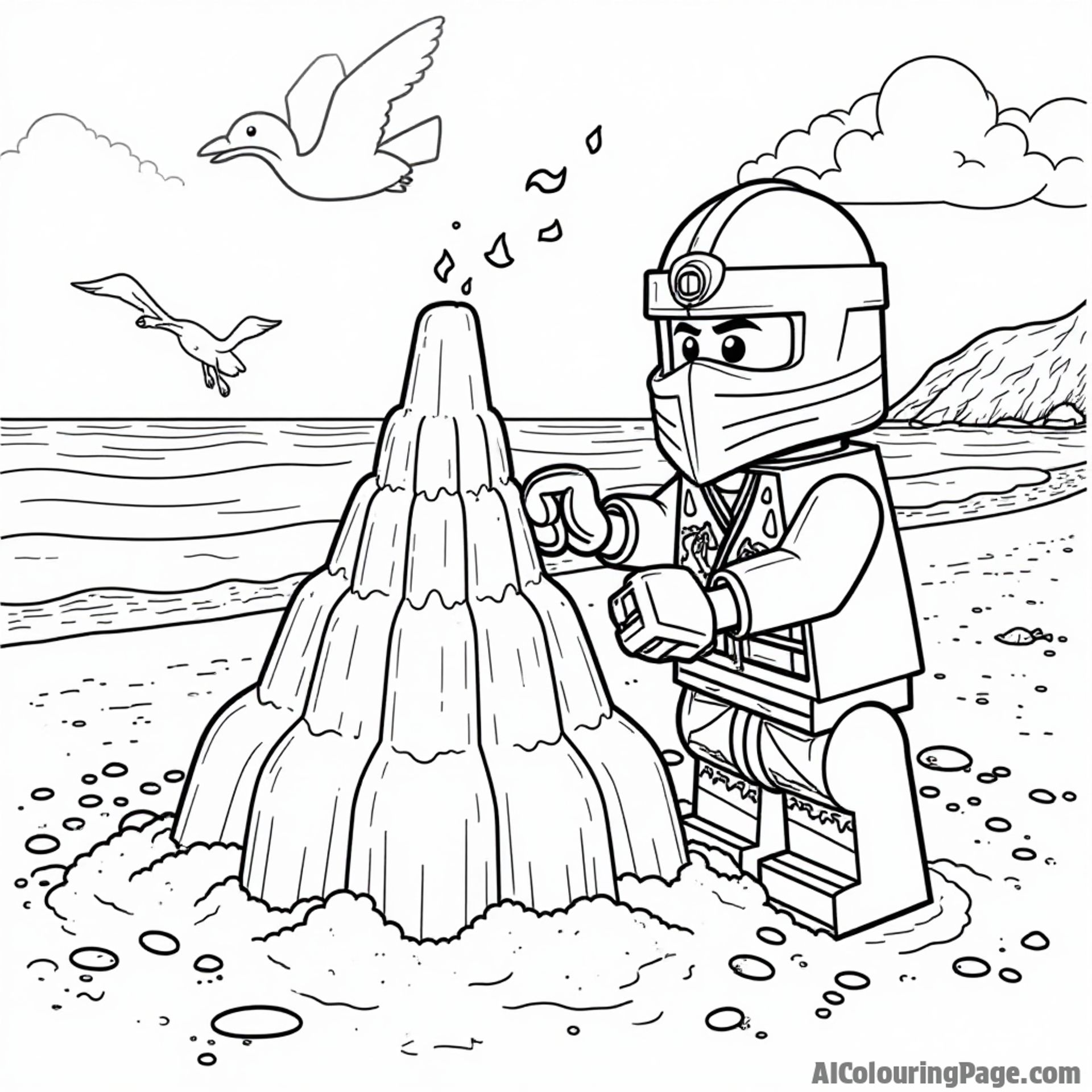 A Lego Ninjago character building a giant sandcastle on a beach, with waves and seagulls in the background, promoting creativity and fun for a delightful black and white coloring page.